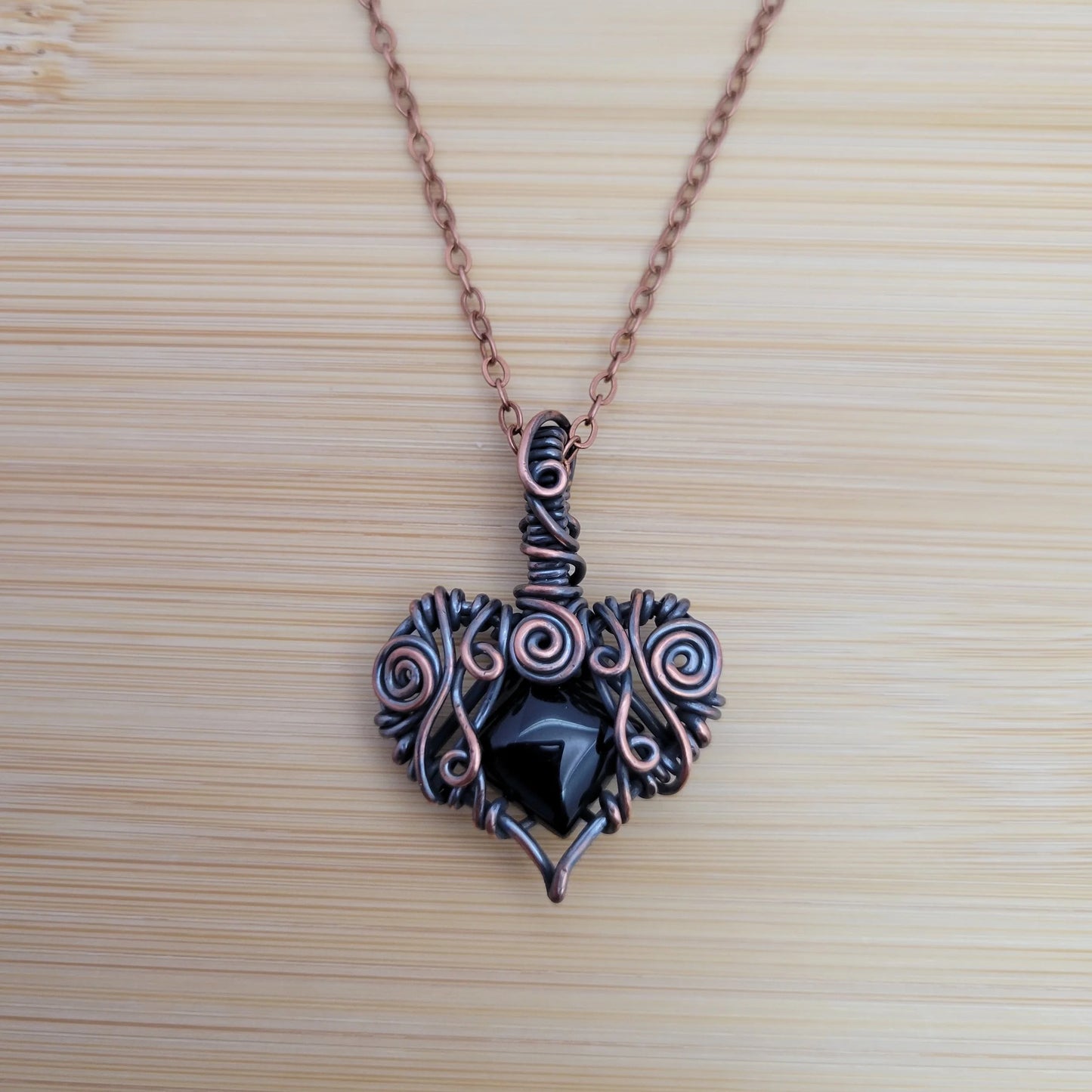 Handcrafted Black Onyx Copper Heart Pendant Necklace — product image 7