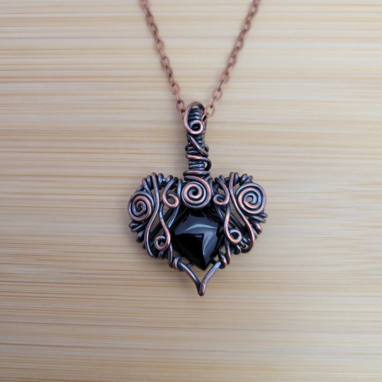 Handcrafted Black Onyx Copper Heart Pendant Necklace — product image 6