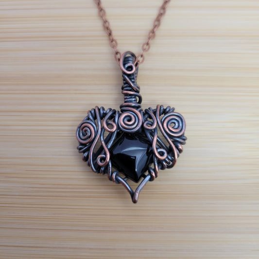 Handcrafted Black Onyx Copper Heart Pendant Necklace — front view