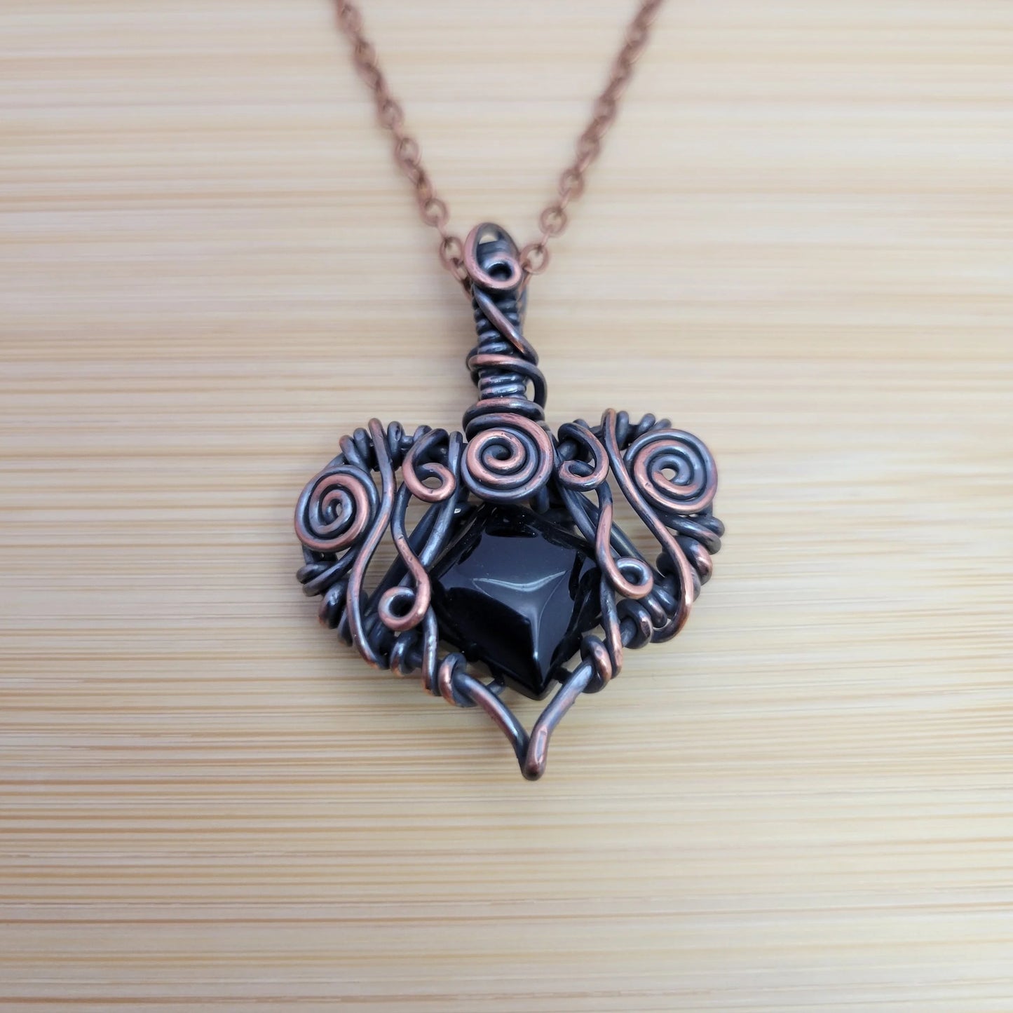 Handcrafted Black Onyx Copper Heart Pendant Necklace — detail view