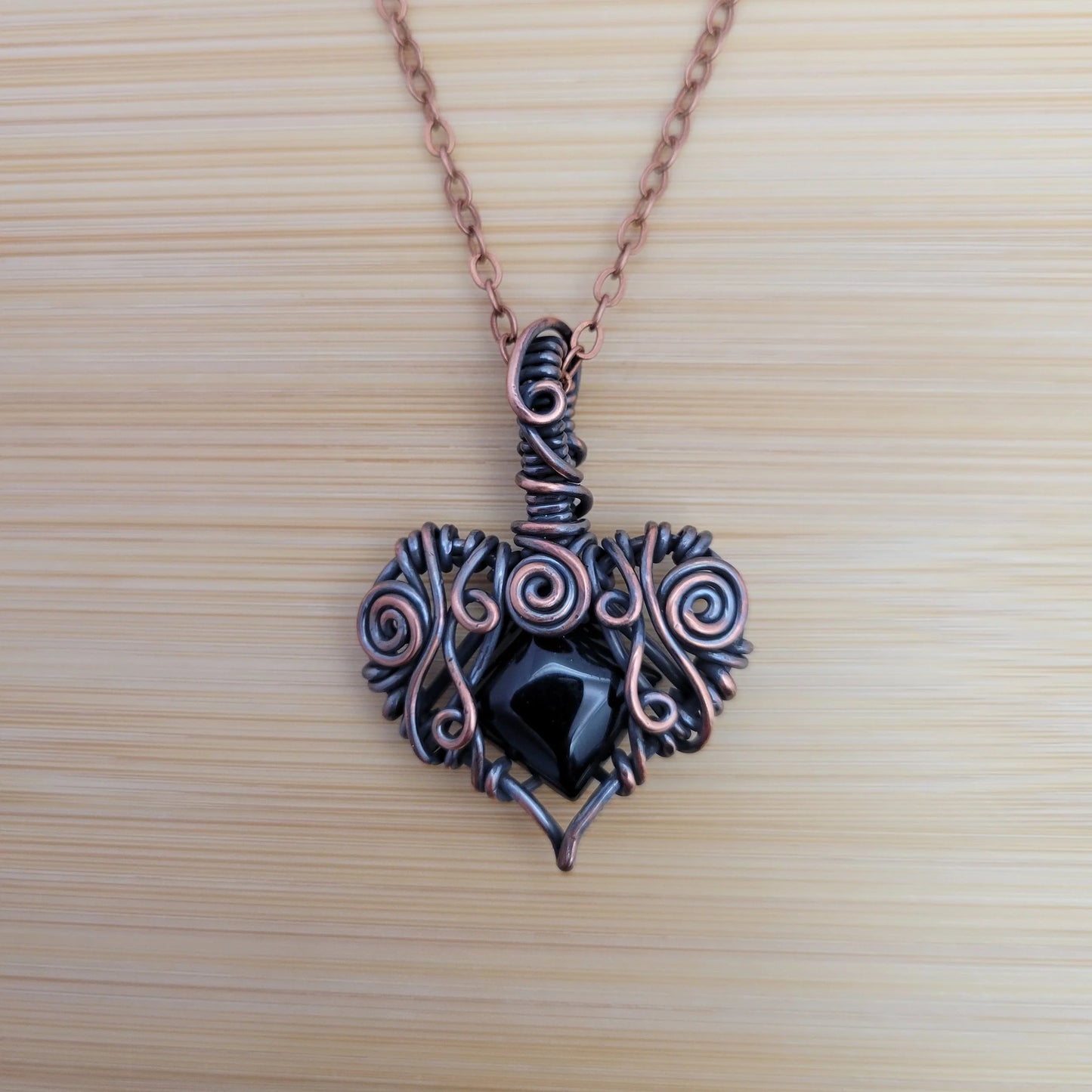 Handcrafted Black Onyx Copper Heart Pendant Necklace — product image 8