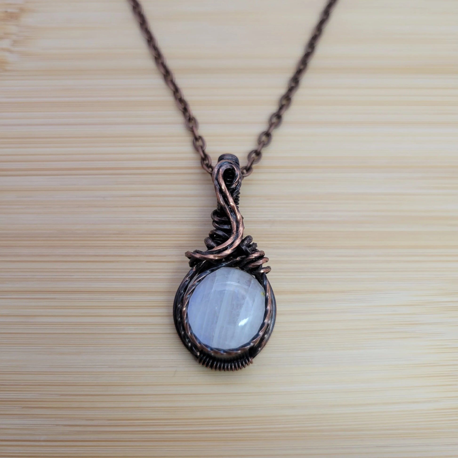 Handcrafted Rainbow Moonstone and Moonstone Copper Pendant Necklace — detail view
