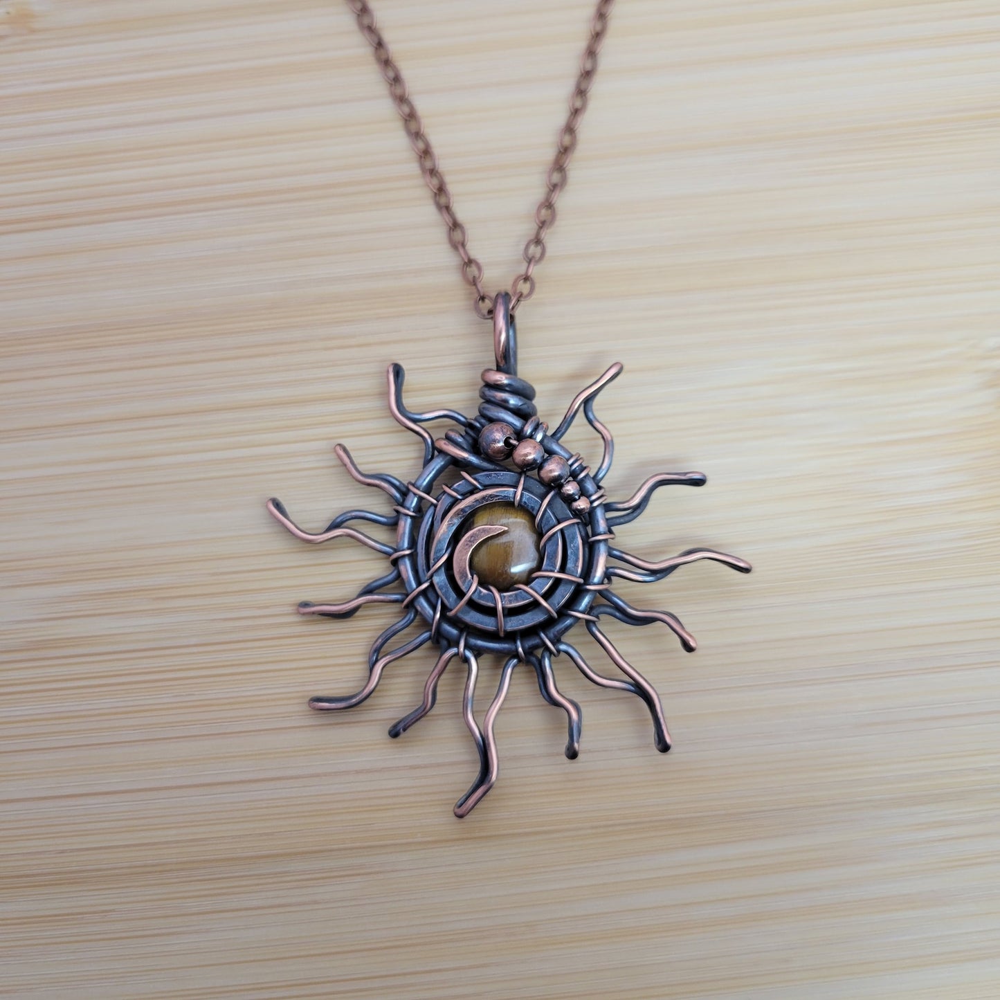 Handcrafted Tiger's Eye Copper Sun Pendant Necklace — product image 7