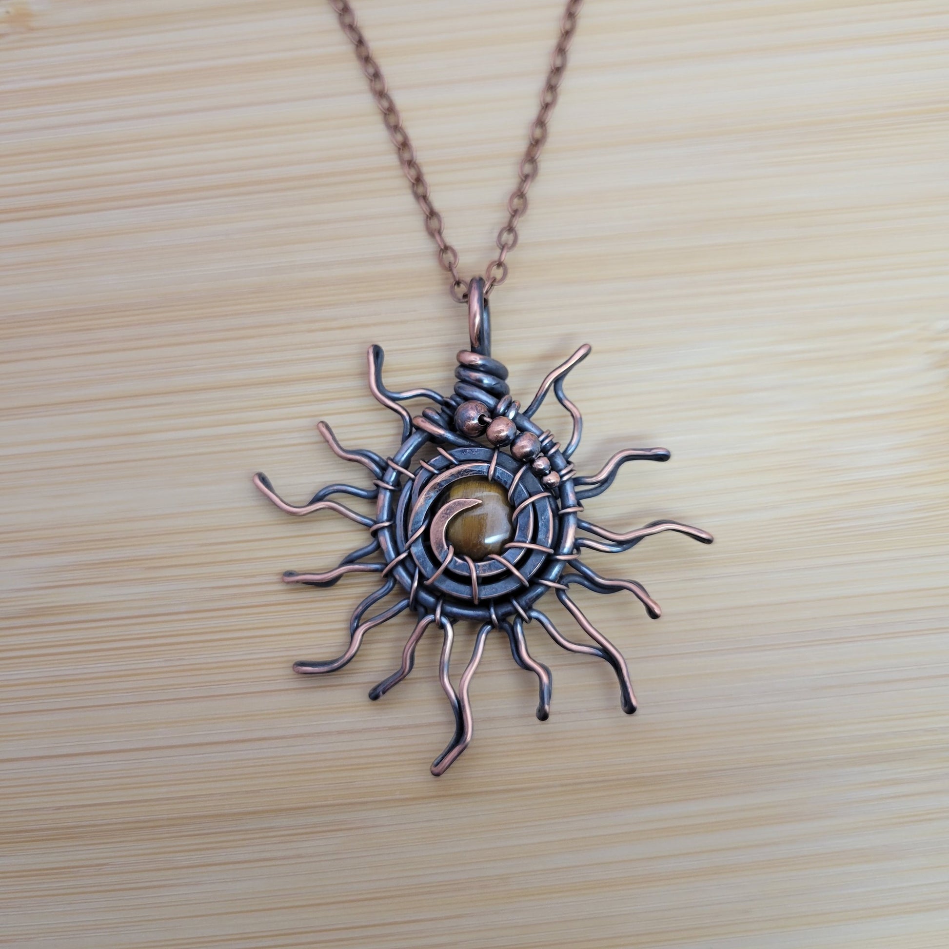 Handcrafted Tiger's Eye Copper Sun Pendant Necklace — product image 7