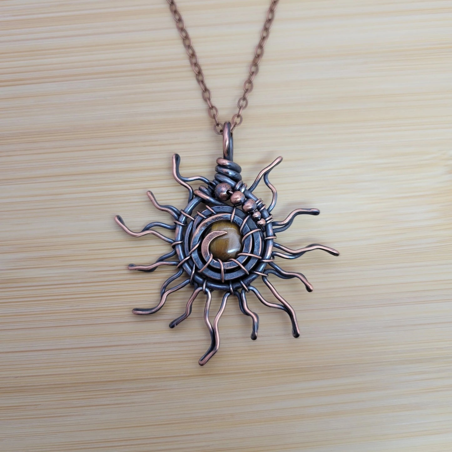 Handcrafted Tiger's Eye Copper Sun Pendant Necklace — detail view