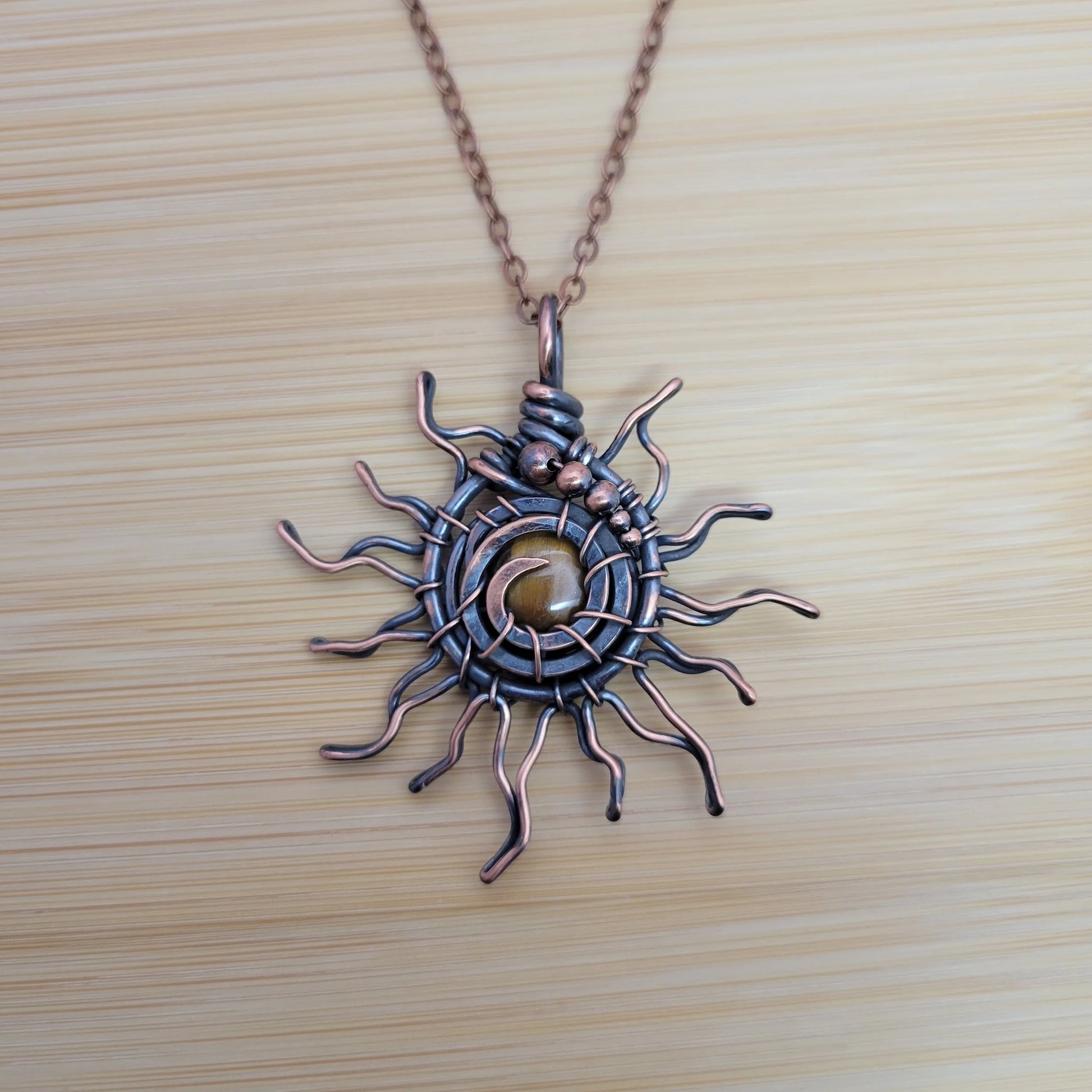 Handcrafted Tiger's Eye Copper Sun Pendant Necklace — detail view