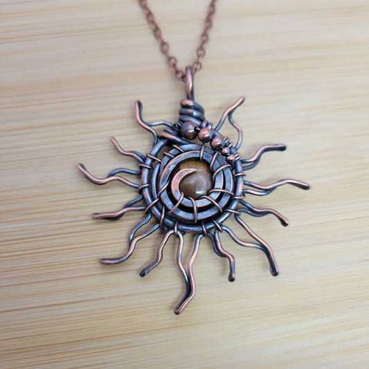 Handcrafted Tiger's Eye Copper Sun Pendant Necklace — front view