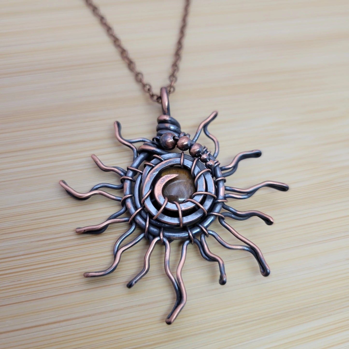 Handcrafted Tiger's Eye Copper Sun Pendant Necklace — product image 6