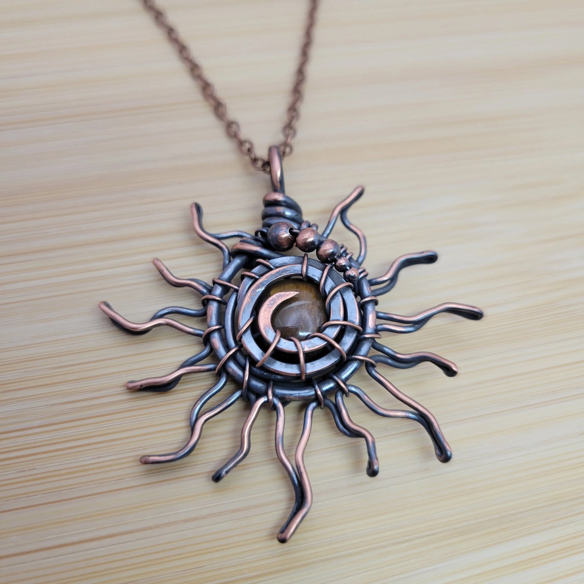 Handcrafted Tiger's Eye Copper Sun Pendant Necklace — product image 6