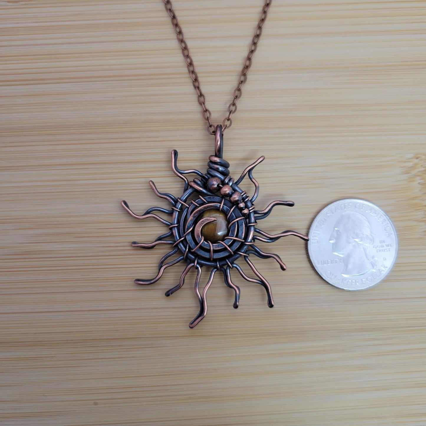 Handcrafted Tiger's Eye Copper Sun Pendant Necklace — product image 9