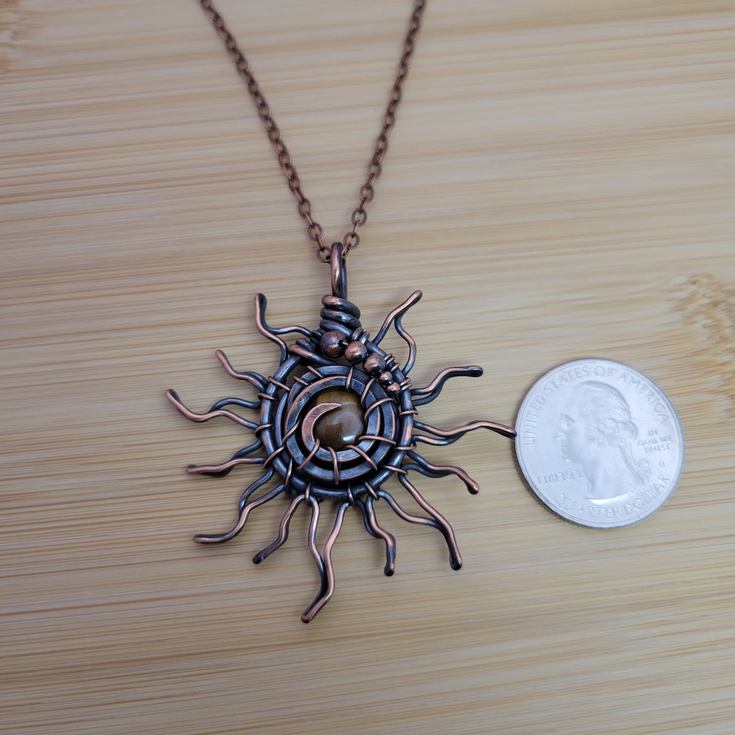 Handcrafted Tiger's Eye Copper Sun Pendant Necklace — product image 8