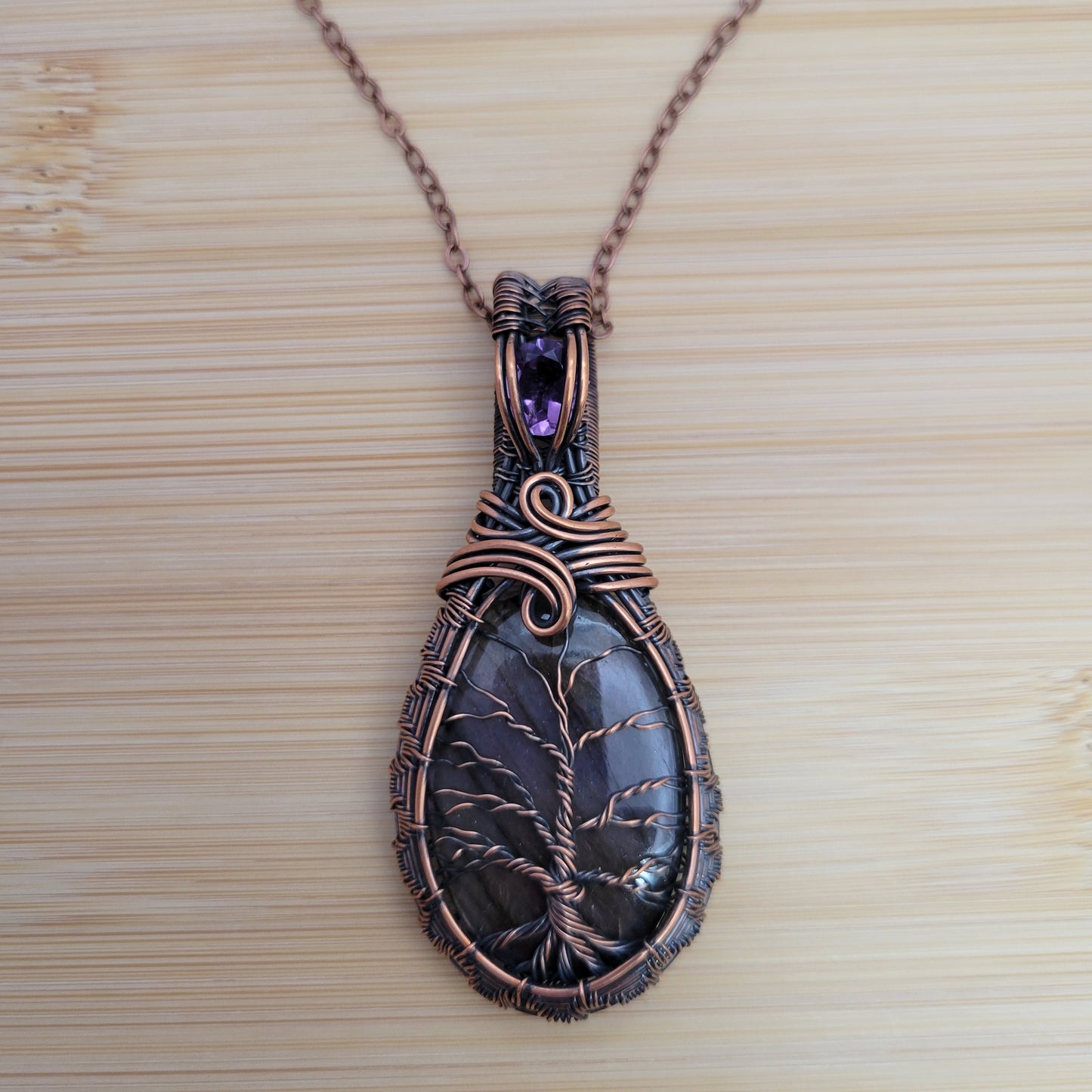 Handcrafted Labradorite and Amethyst Copper Tree of Life Pendant Necklace — side view