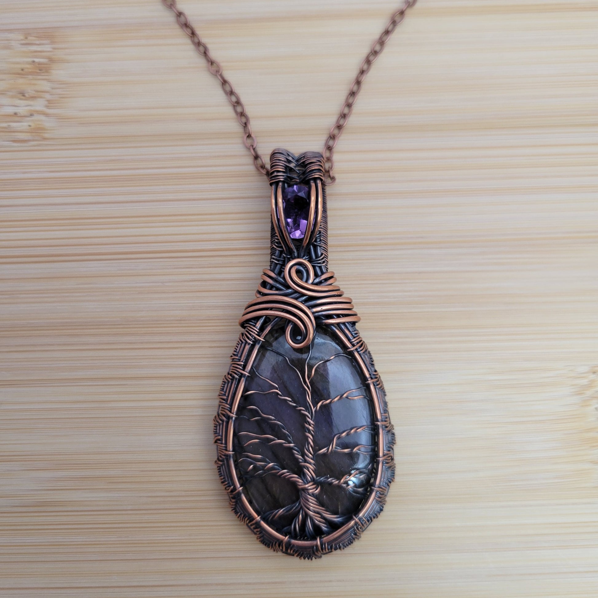 Handcrafted Labradorite and Amethyst Copper Tree of Life Pendant Necklace — side view