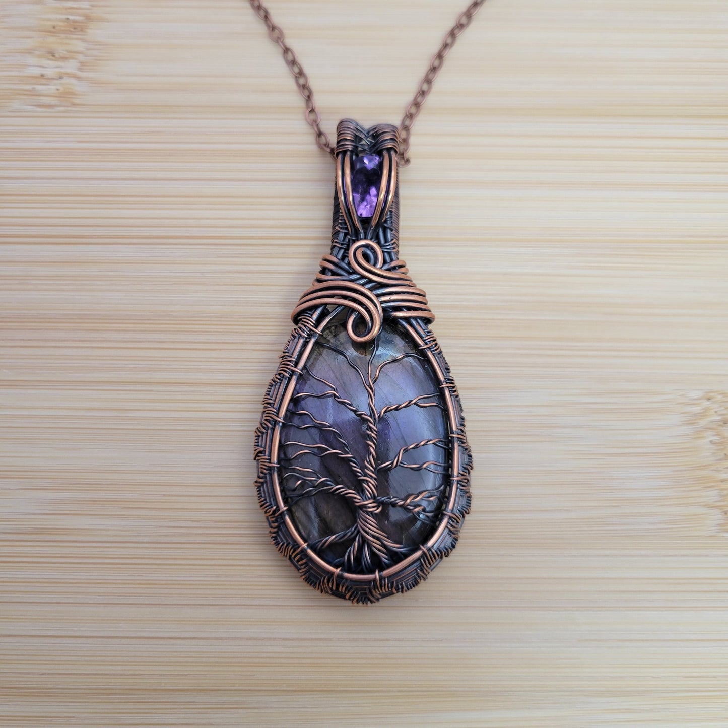 Handcrafted Labradorite and Amethyst Copper Tree of Life Pendant Necklace — detail view