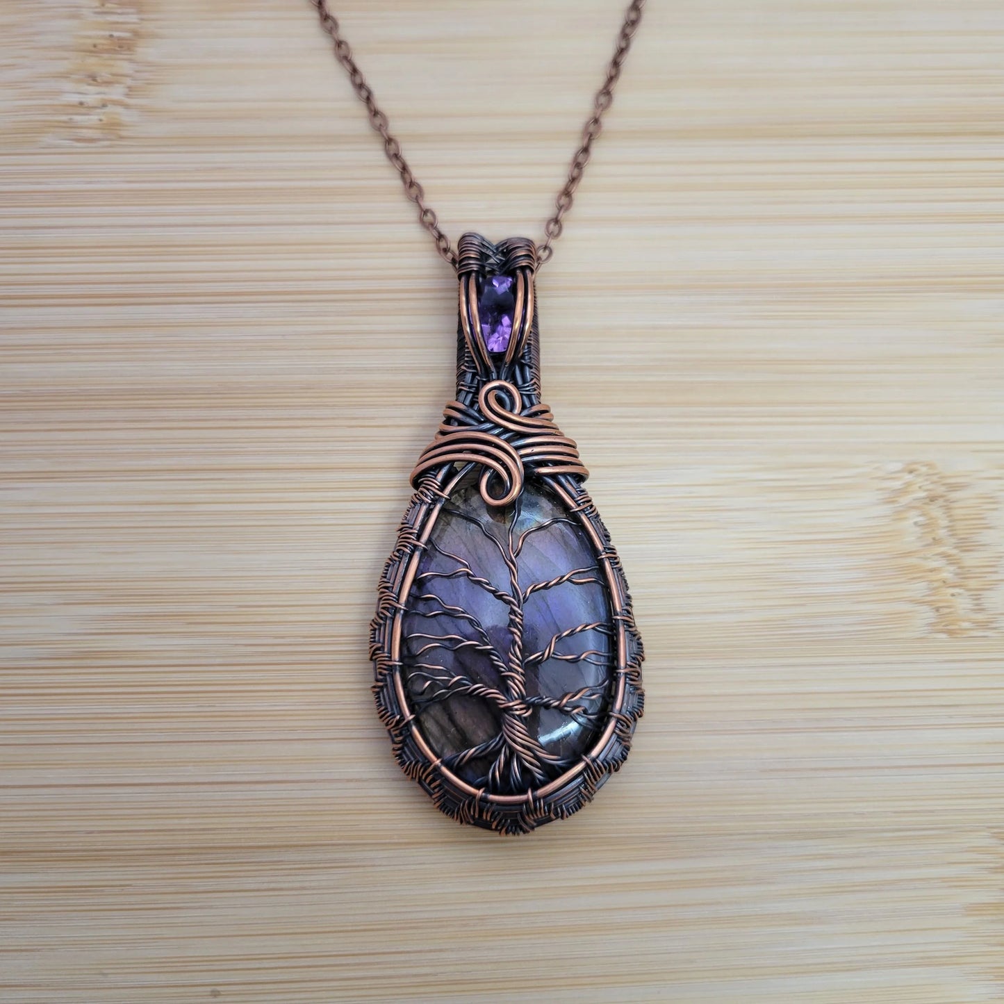 Handcrafted Labradorite and Amethyst Copper Tree of Life Pendant Necklace — product image 9