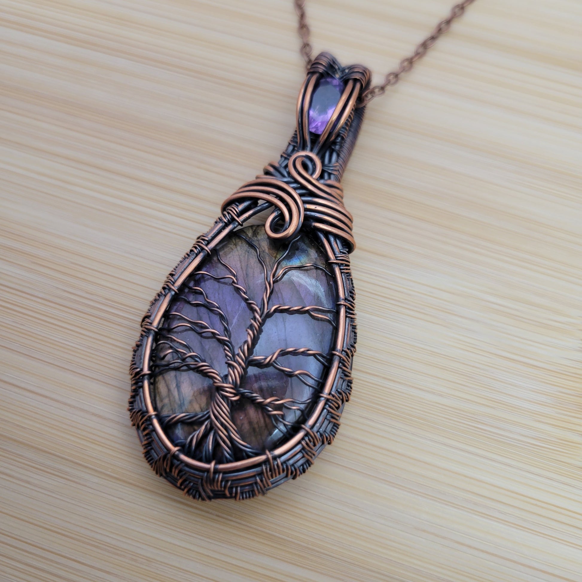 Handcrafted Labradorite and Amethyst Copper Tree of Life Pendant Necklace — reverse view