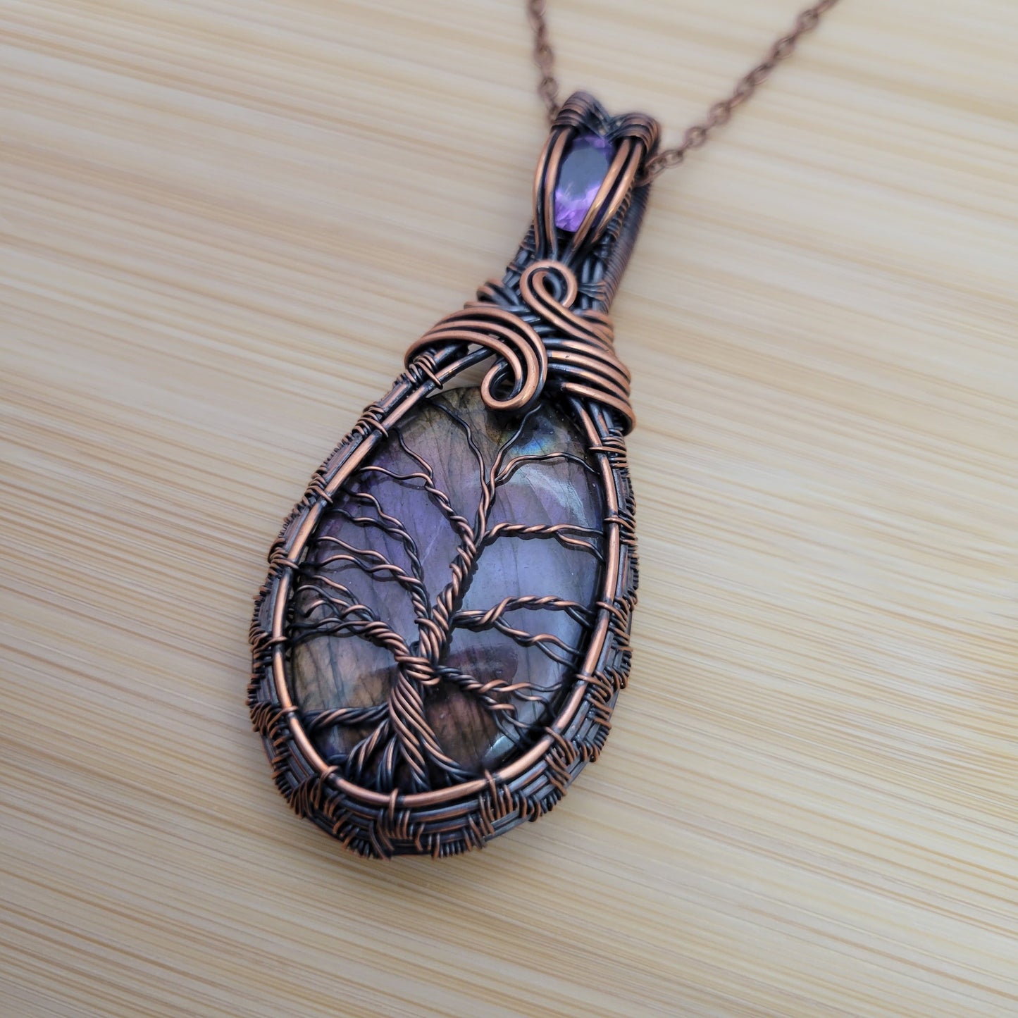 Handcrafted Labradorite and Amethyst Copper Tree of Life Pendant Necklace — product image 6