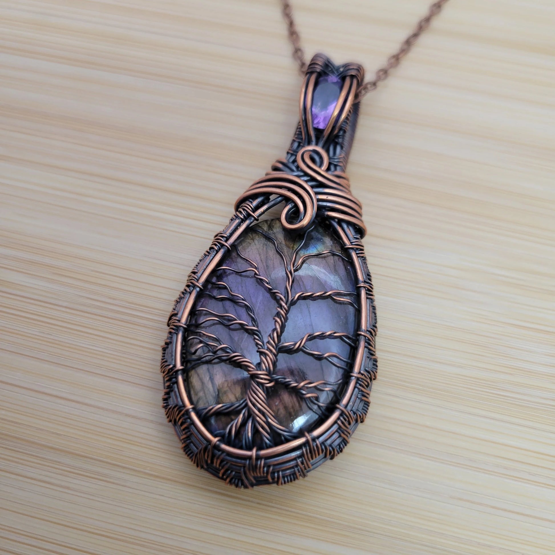 Handcrafted Labradorite and Amethyst Copper Tree of Life Pendant Necklace — product image 7