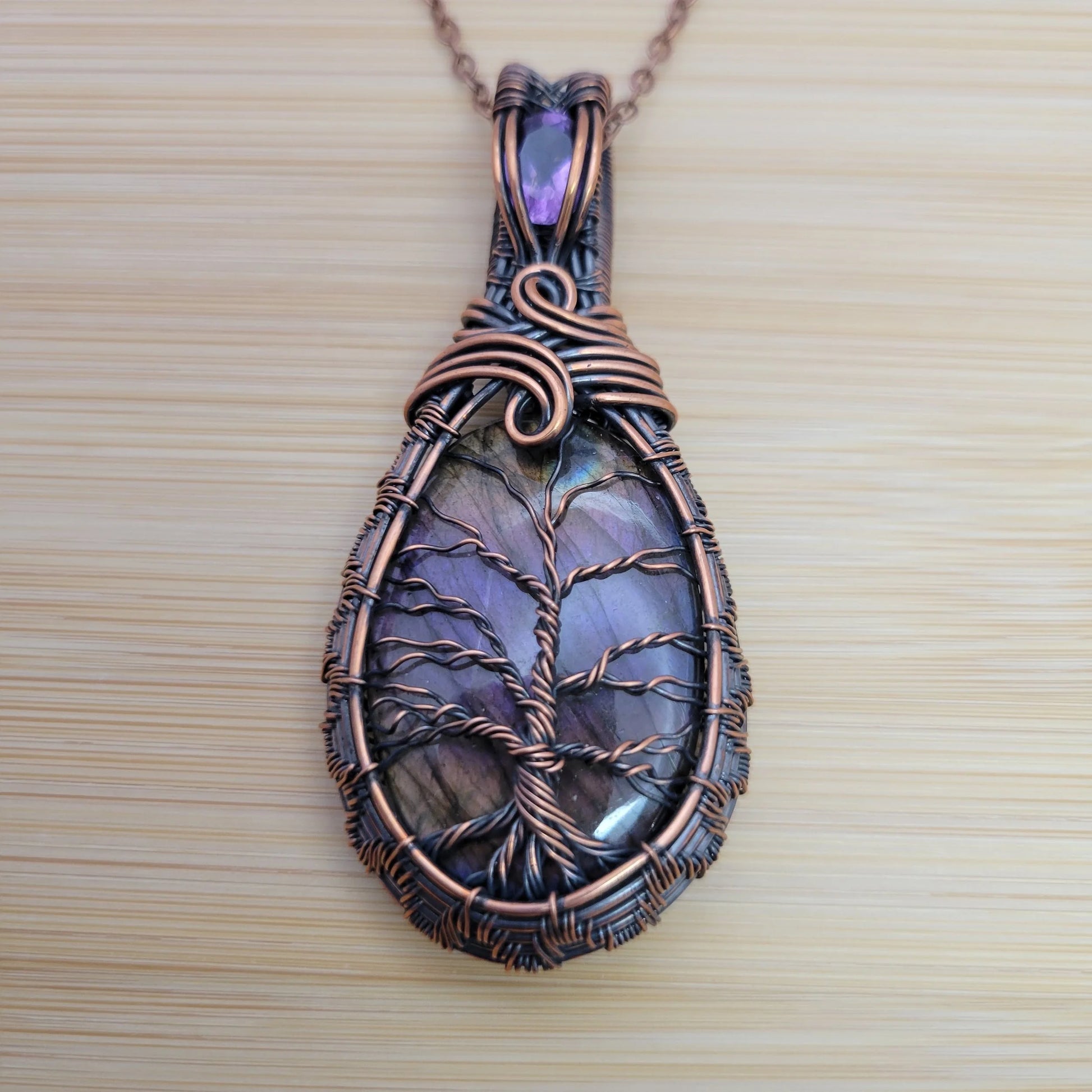 Handcrafted Labradorite and Amethyst Copper Tree of Life Pendant Necklace — product image 8