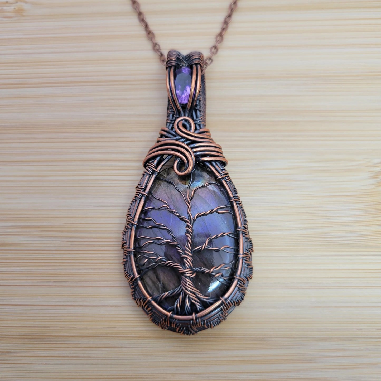 Handcrafted Labradorite and Amethyst Copper Tree of Life Pendant Necklace — front view