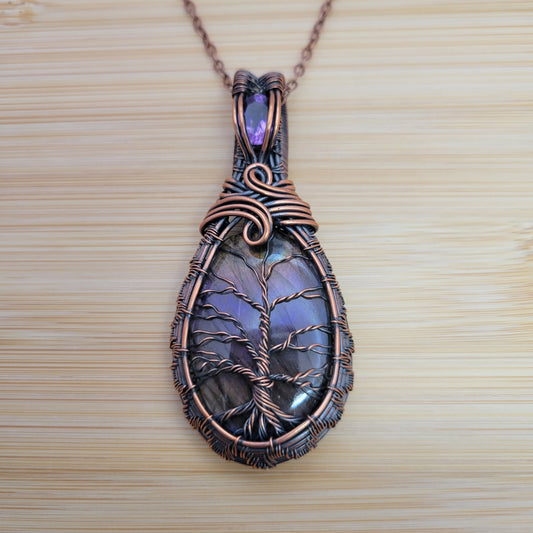 Handcrafted Labradorite and Amethyst Copper Tree of Life Pendant Necklace — front view