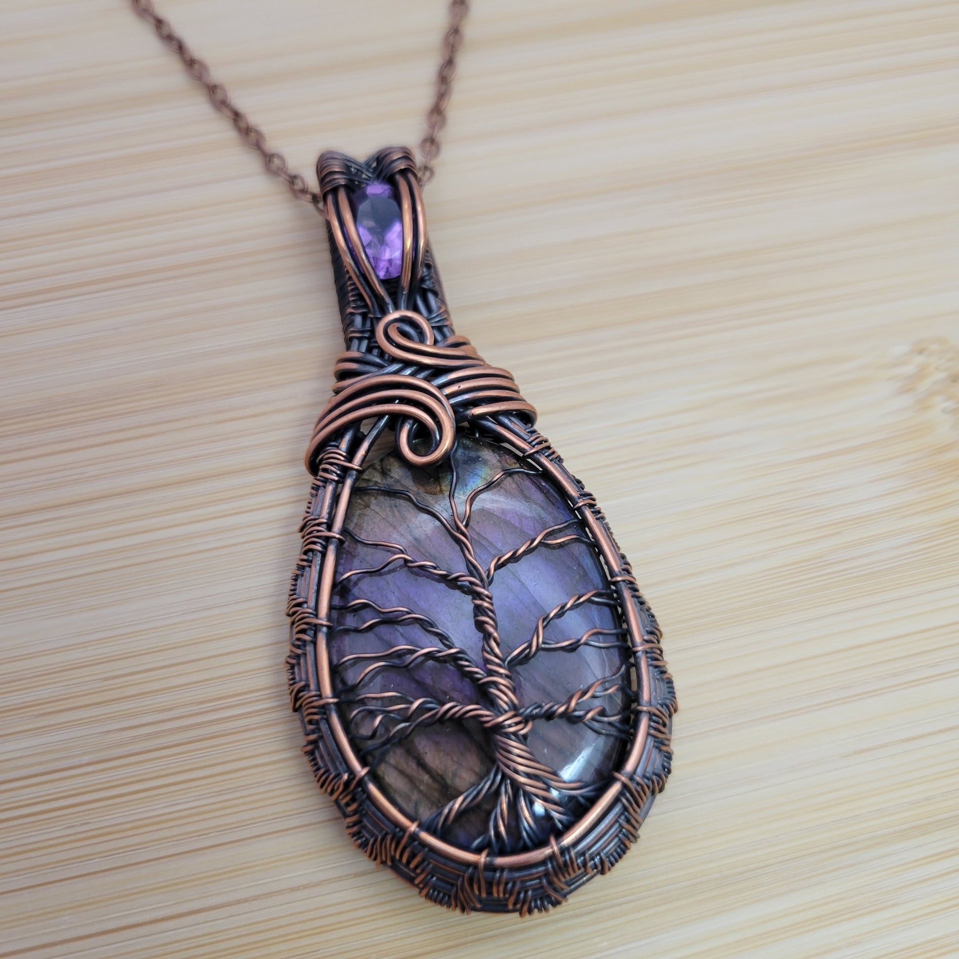 Handcrafted Labradorite and Amethyst Copper Tree of Life Pendant Necklace — product image 10