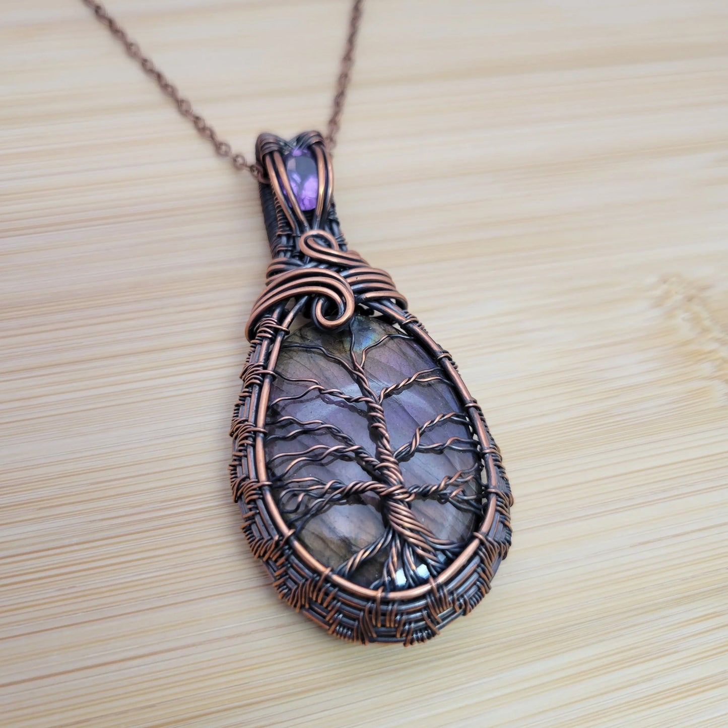Handcrafted Labradorite and Amethyst Copper Tree of Life Pendant Necklace — close-up