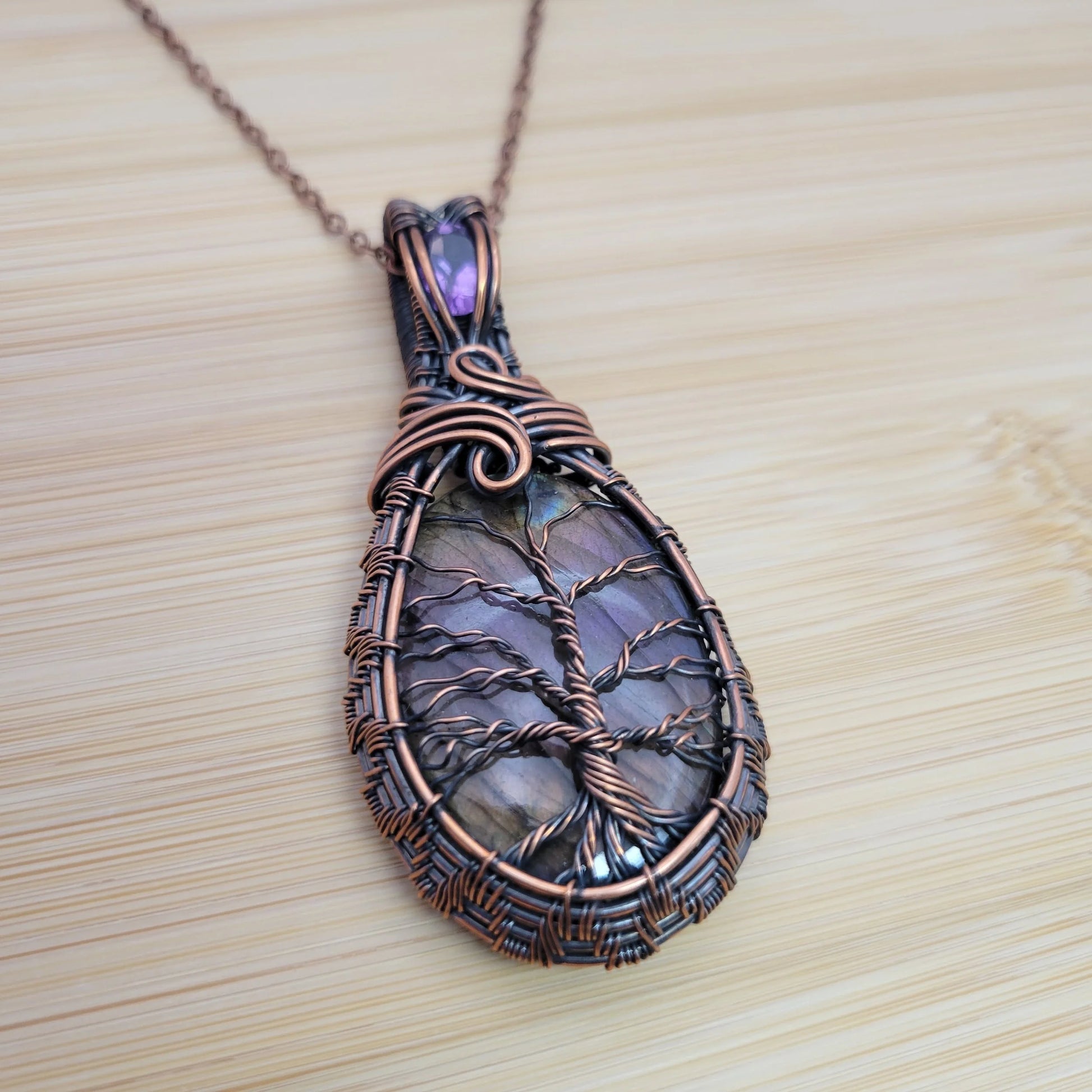 Handcrafted Labradorite and Amethyst Copper Tree of Life Pendant Necklace — close-up