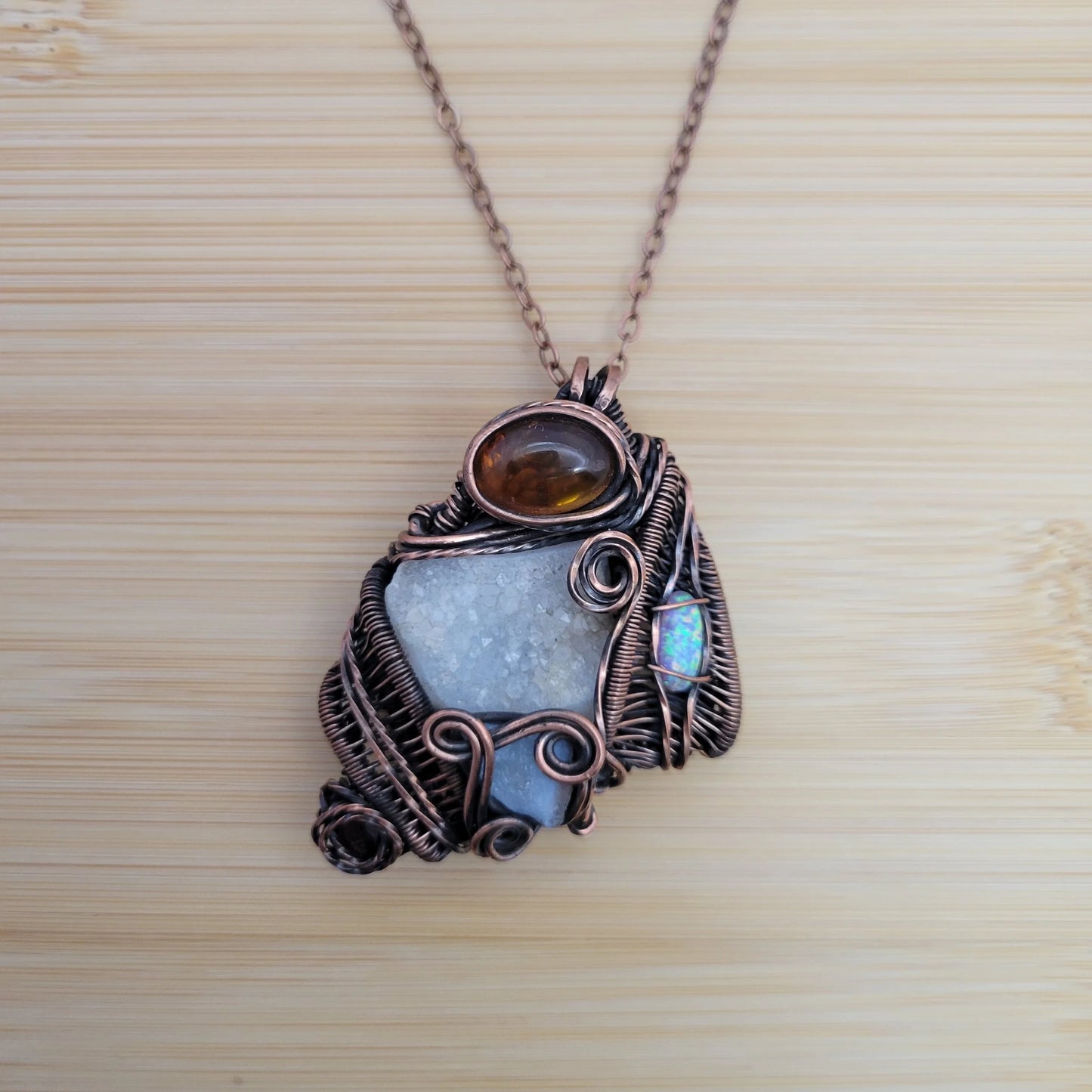 Handcrafted Garnet and Desert Druzy and Amber Copper Pendant Necklace — product image 7