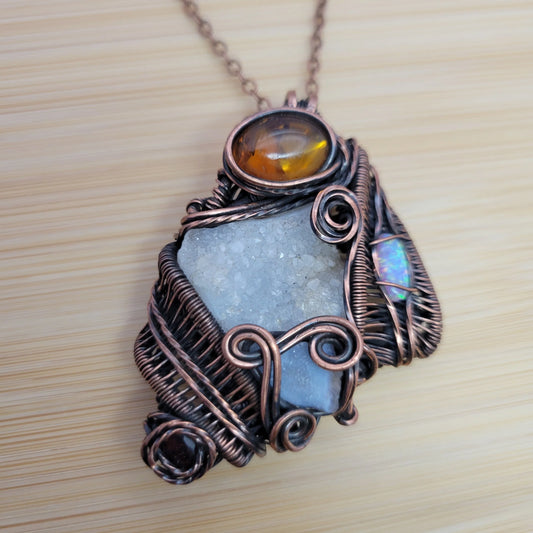 Handcrafted Garnet and Desert Druzy and Amber Copper Pendant Necklace — front view