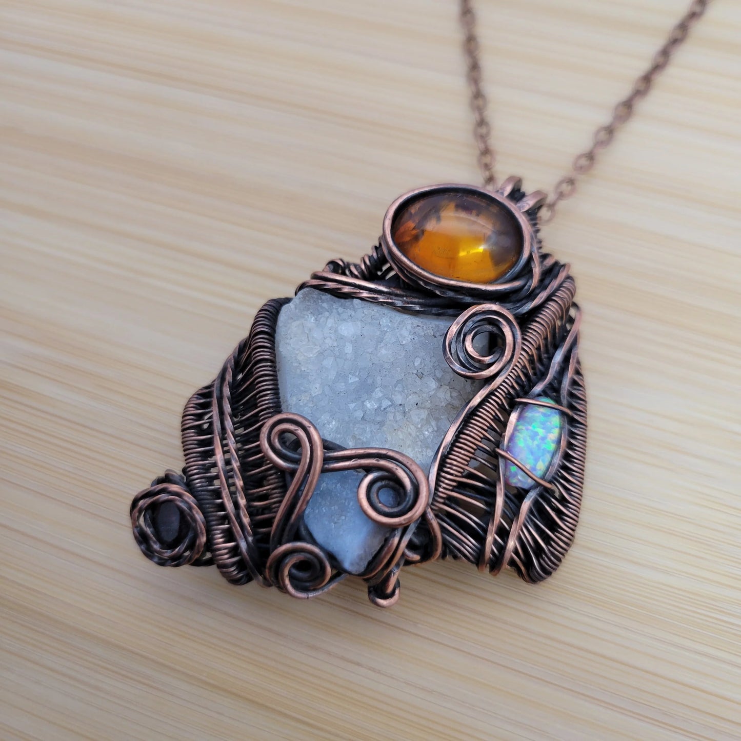 Handcrafted Garnet and Desert Druzy and Amber Copper Pendant Necklace — side view