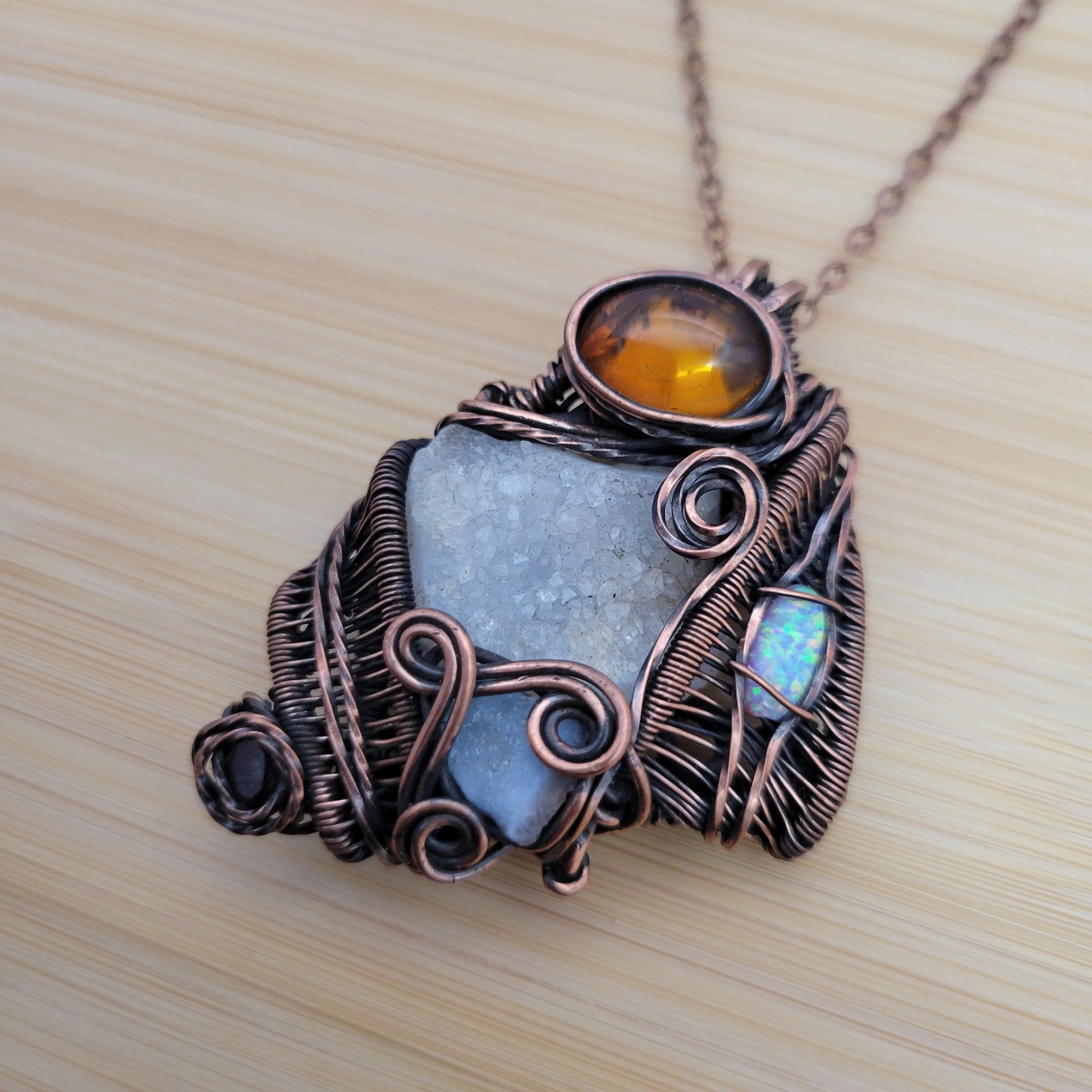 Handcrafted Garnet and Desert Druzy and Amber Copper Pendant Necklace — side view