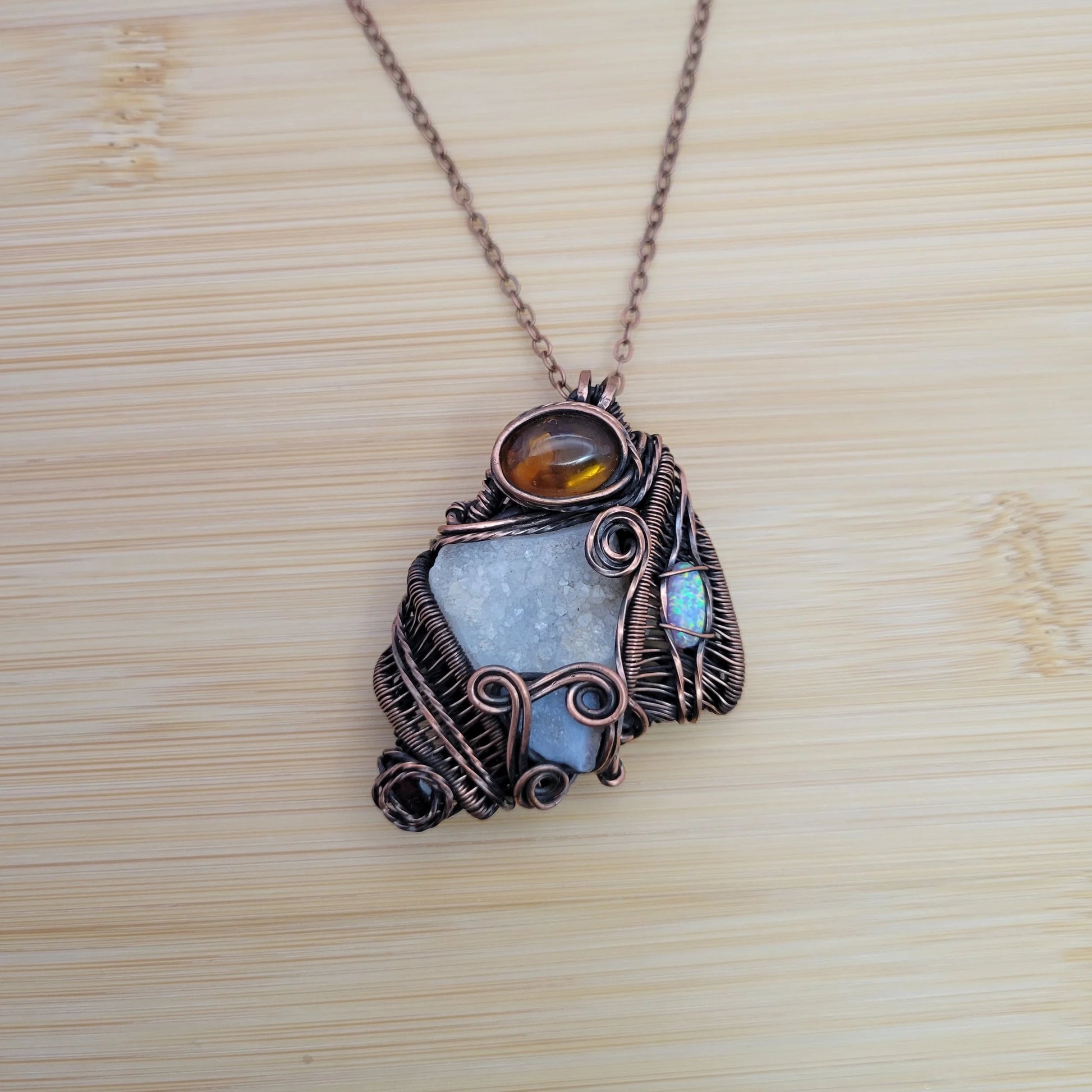 Handcrafted Garnet and Desert Druzy and Amber Copper Pendant Necklace — product image 10