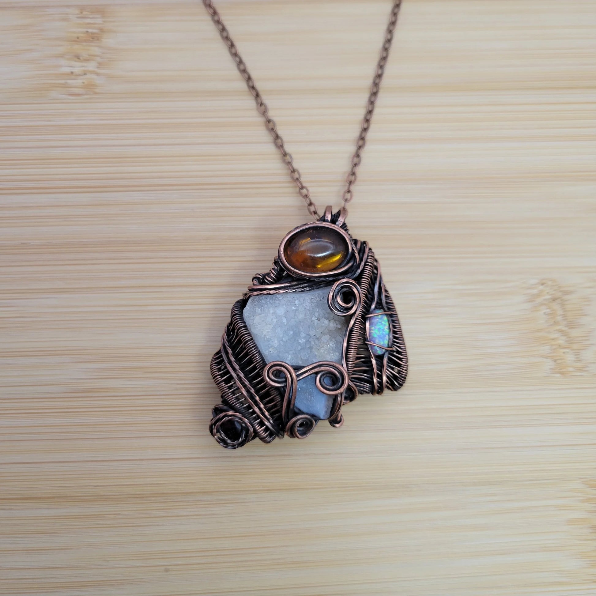 Handcrafted Garnet and Desert Druzy and Amber Copper Pendant Necklace — product image 9