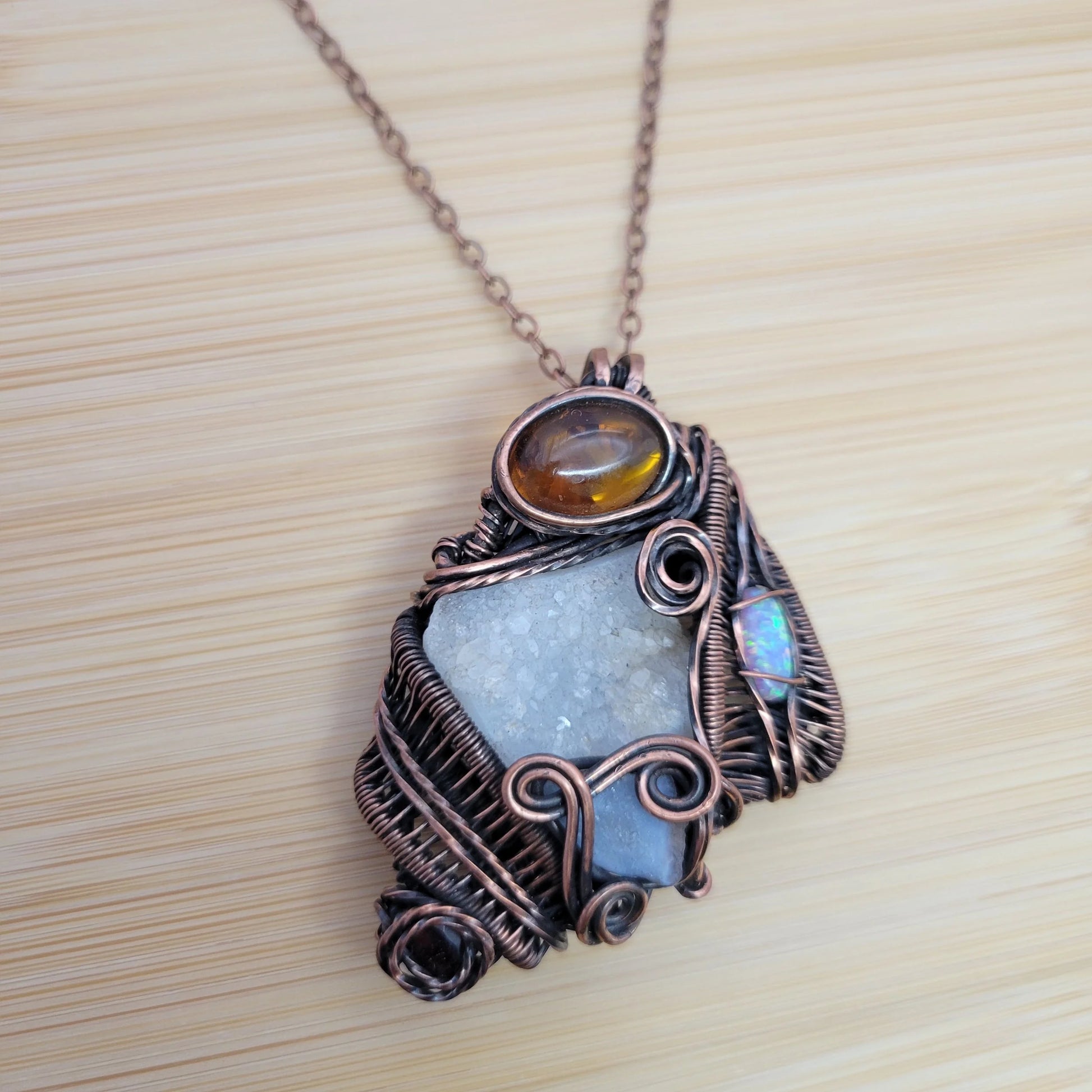 Handcrafted Garnet and Desert Druzy and Amber Copper Pendant Necklace — product image 6