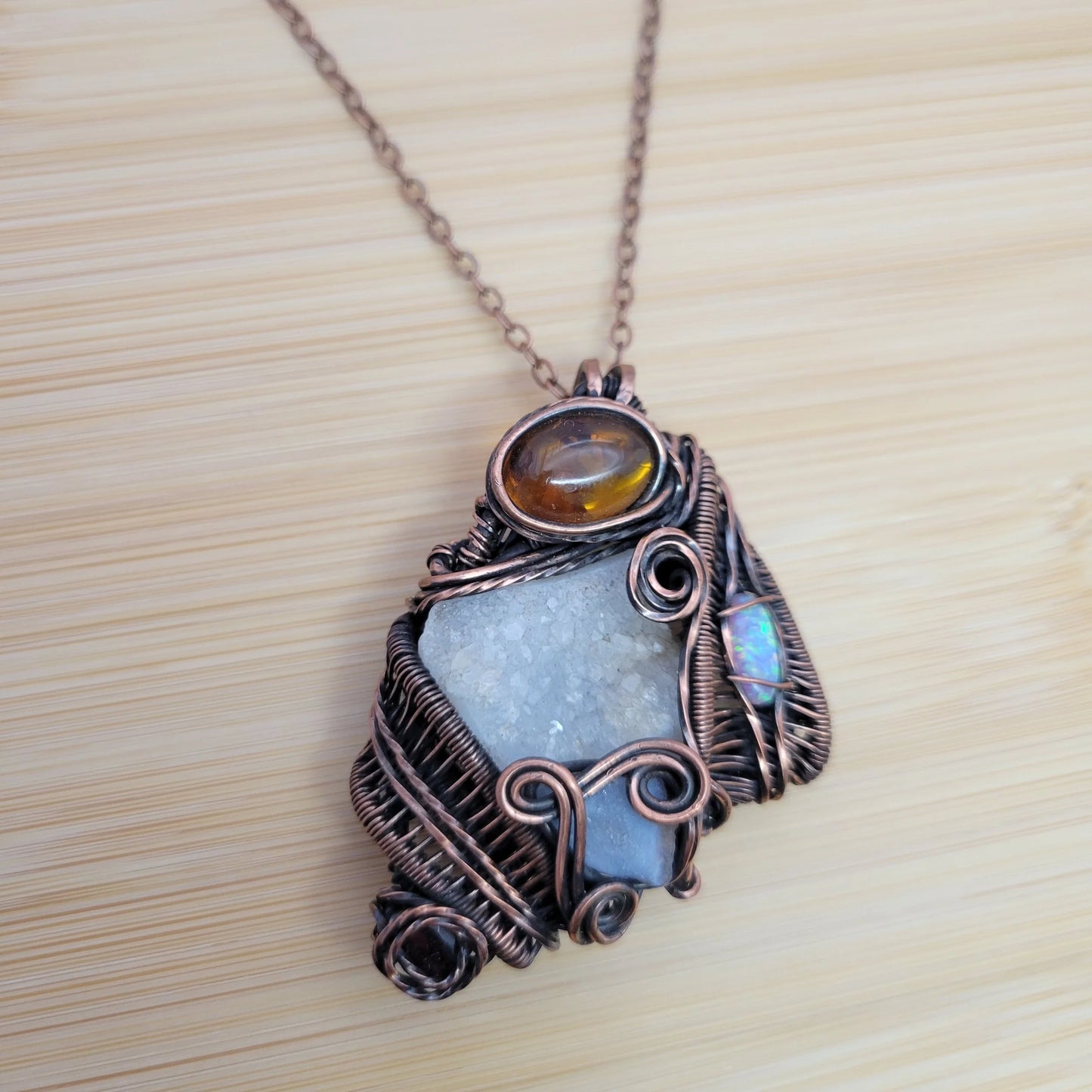 Handcrafted Garnet and Desert Druzy and Amber Copper Pendant Necklace — close-up