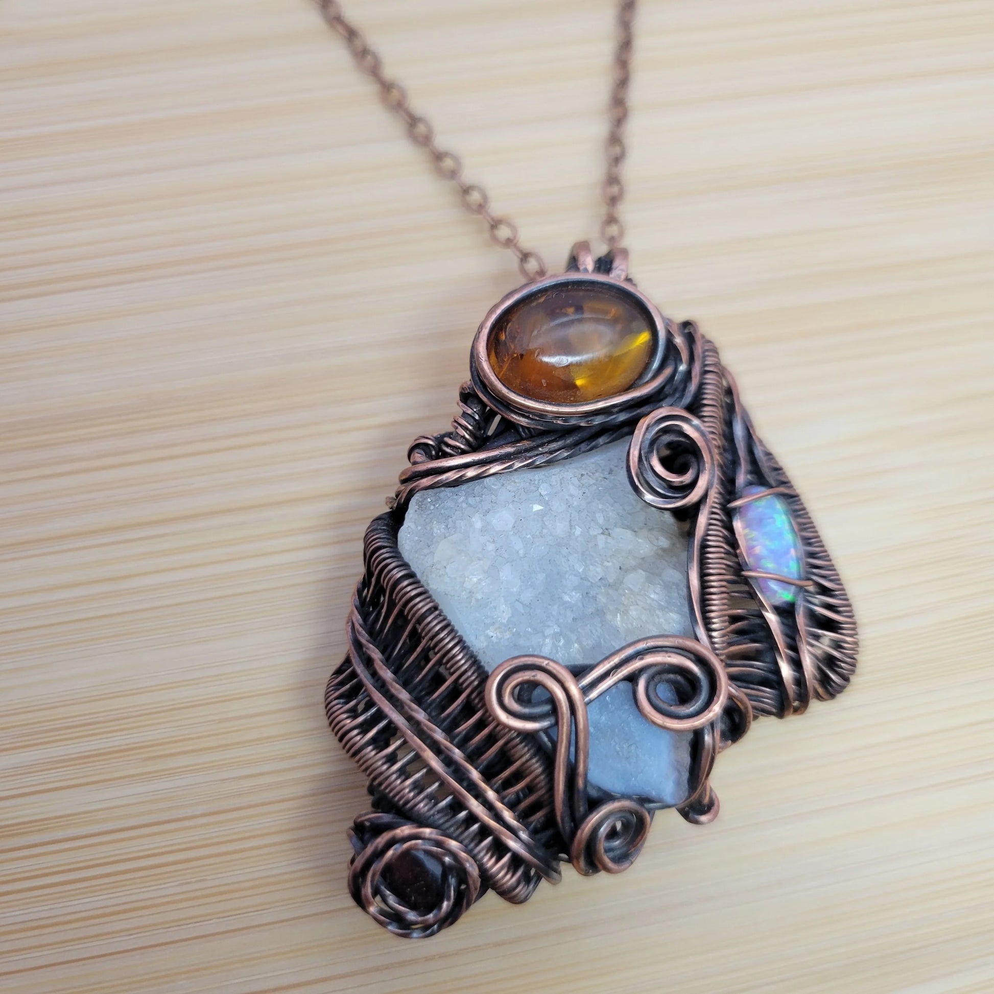 Handcrafted Garnet and Desert Druzy and Amber Copper Pendant Necklace — product image 8