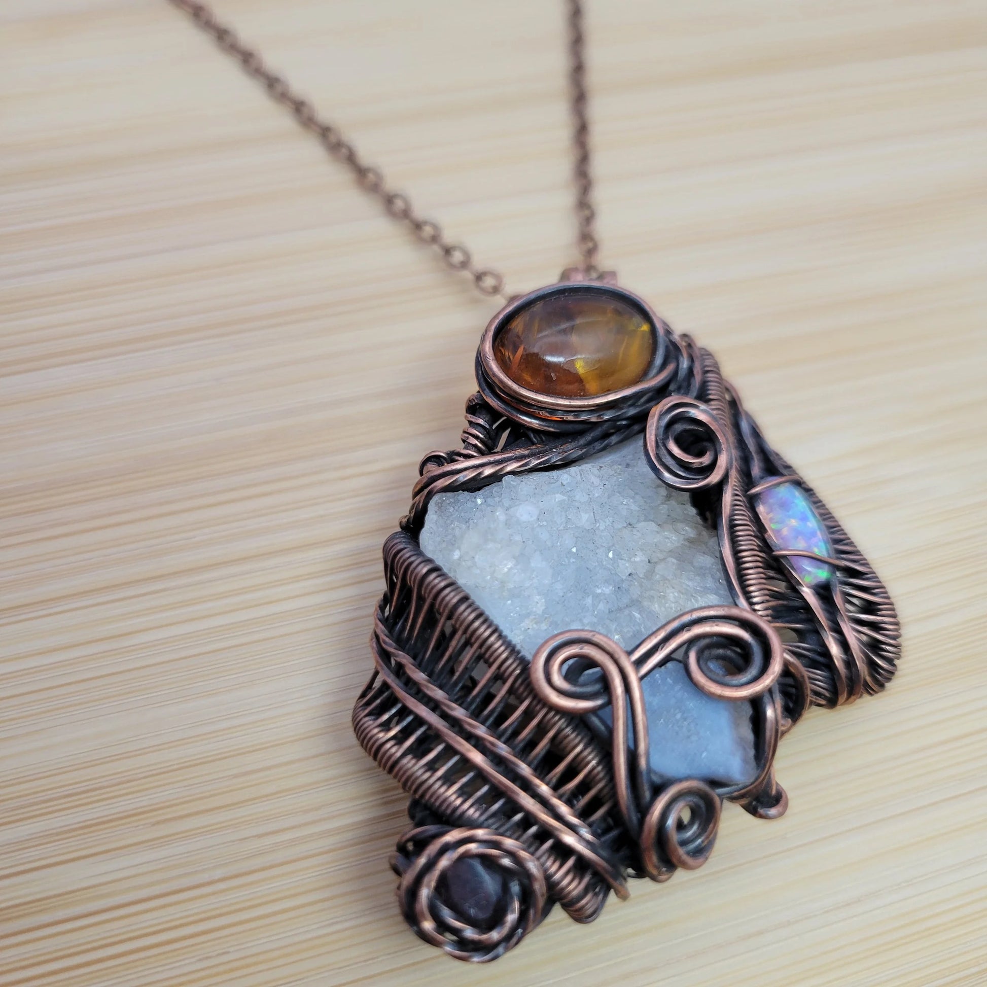 Handcrafted Garnet and Desert Druzy and Amber Copper Pendant Necklace — detail view