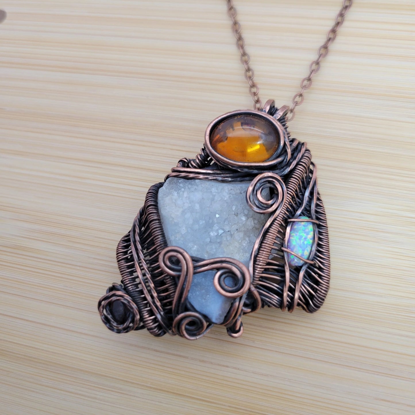 Handcrafted Garnet and Desert Druzy and Amber Copper Pendant Necklace — reverse view
