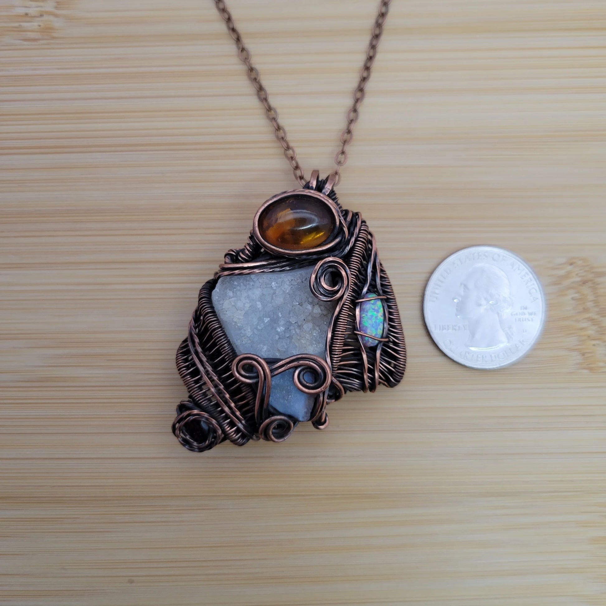 Handcrafted Garnet and Desert Druzy and Amber Copper Pendant Necklace — product image 11