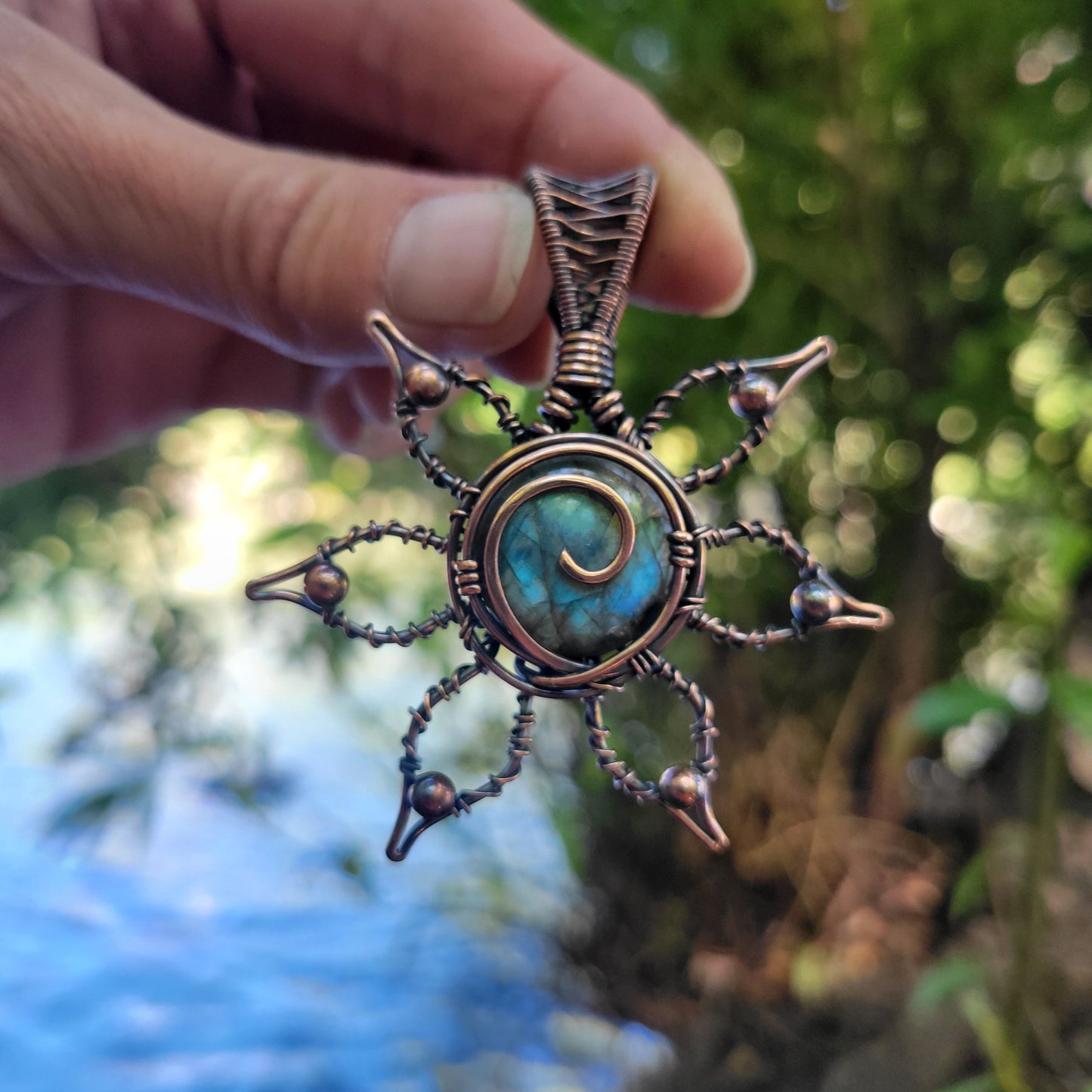 Handcrafted Labradorite Copper Flower Pendant Necklace — reverse view