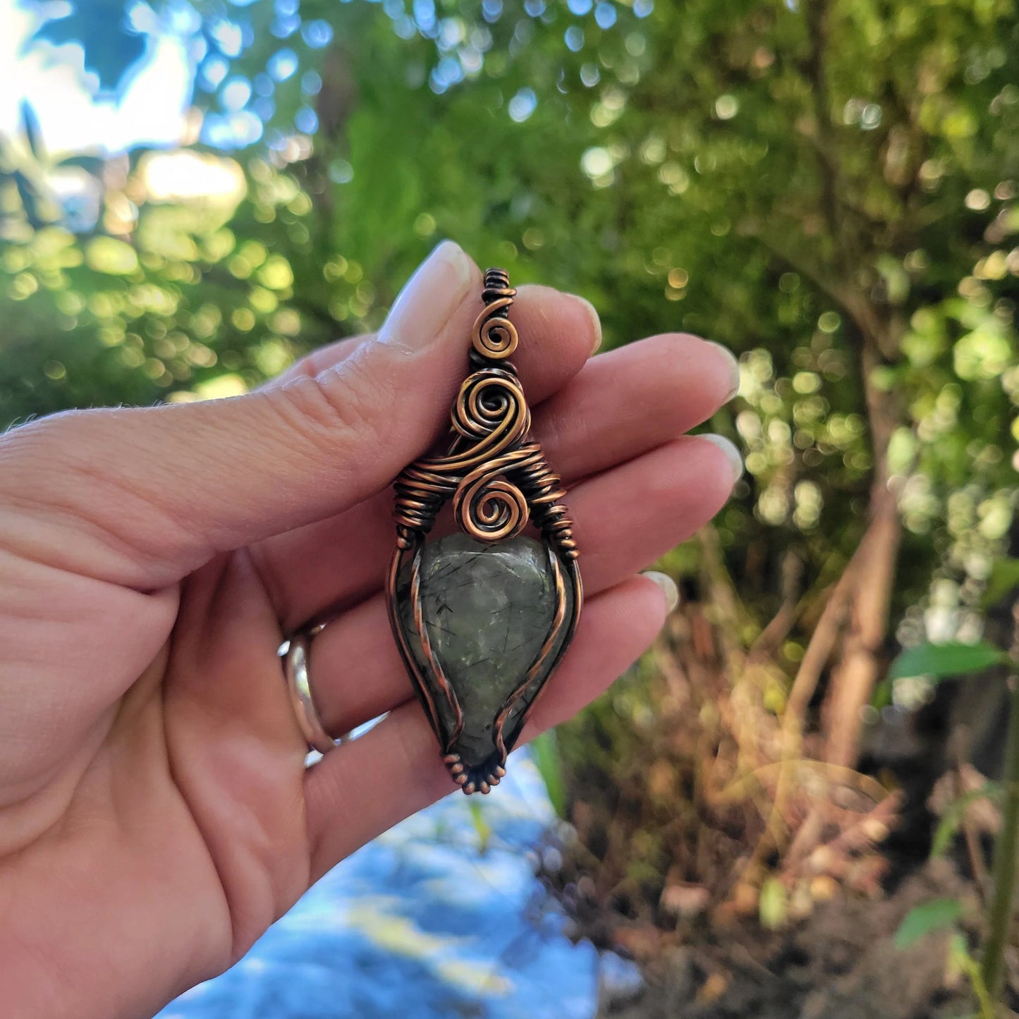 Handcrafted Prehnite Copper Pendant Necklace — reverse view