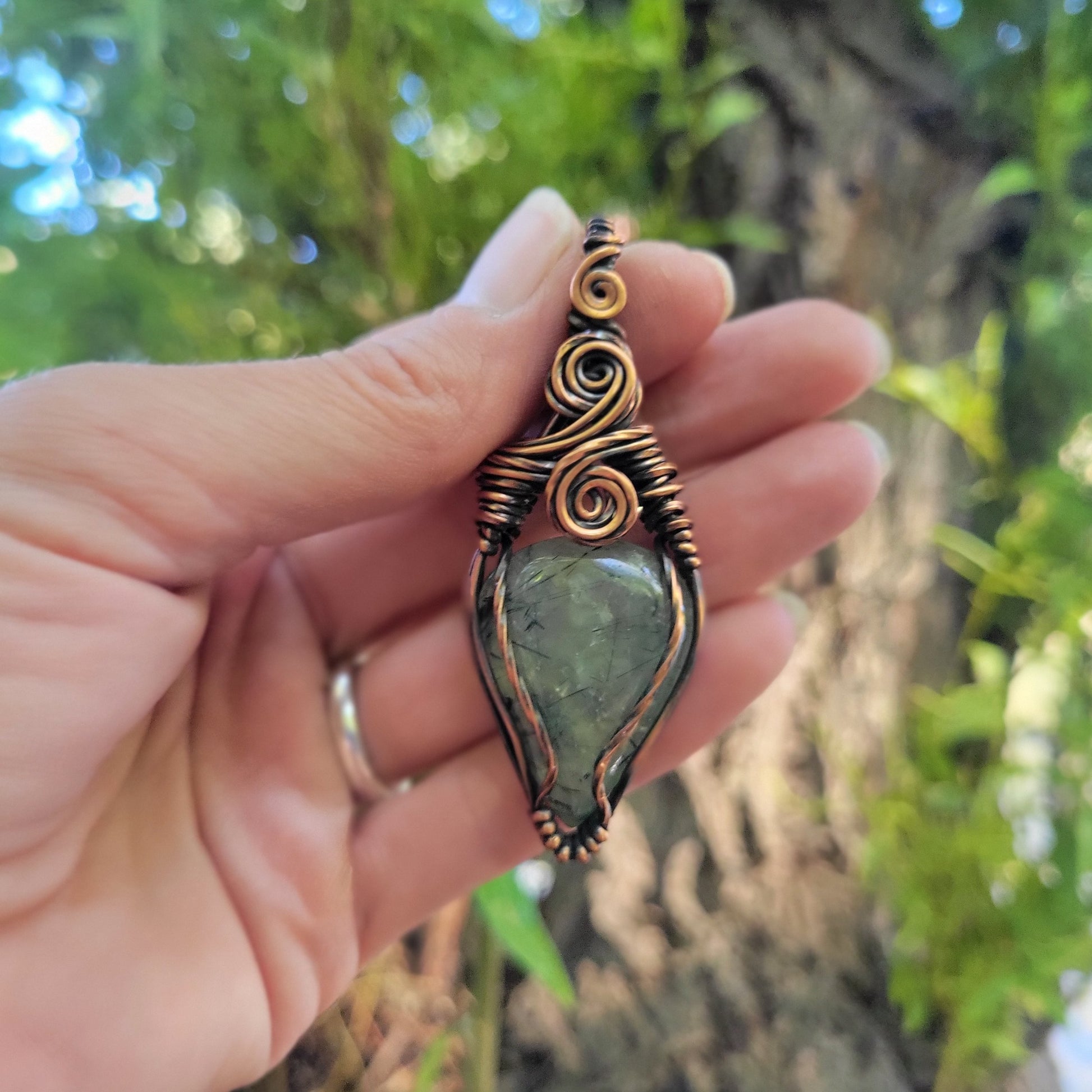 Handcrafted Prehnite Copper Pendant Necklace — detail view