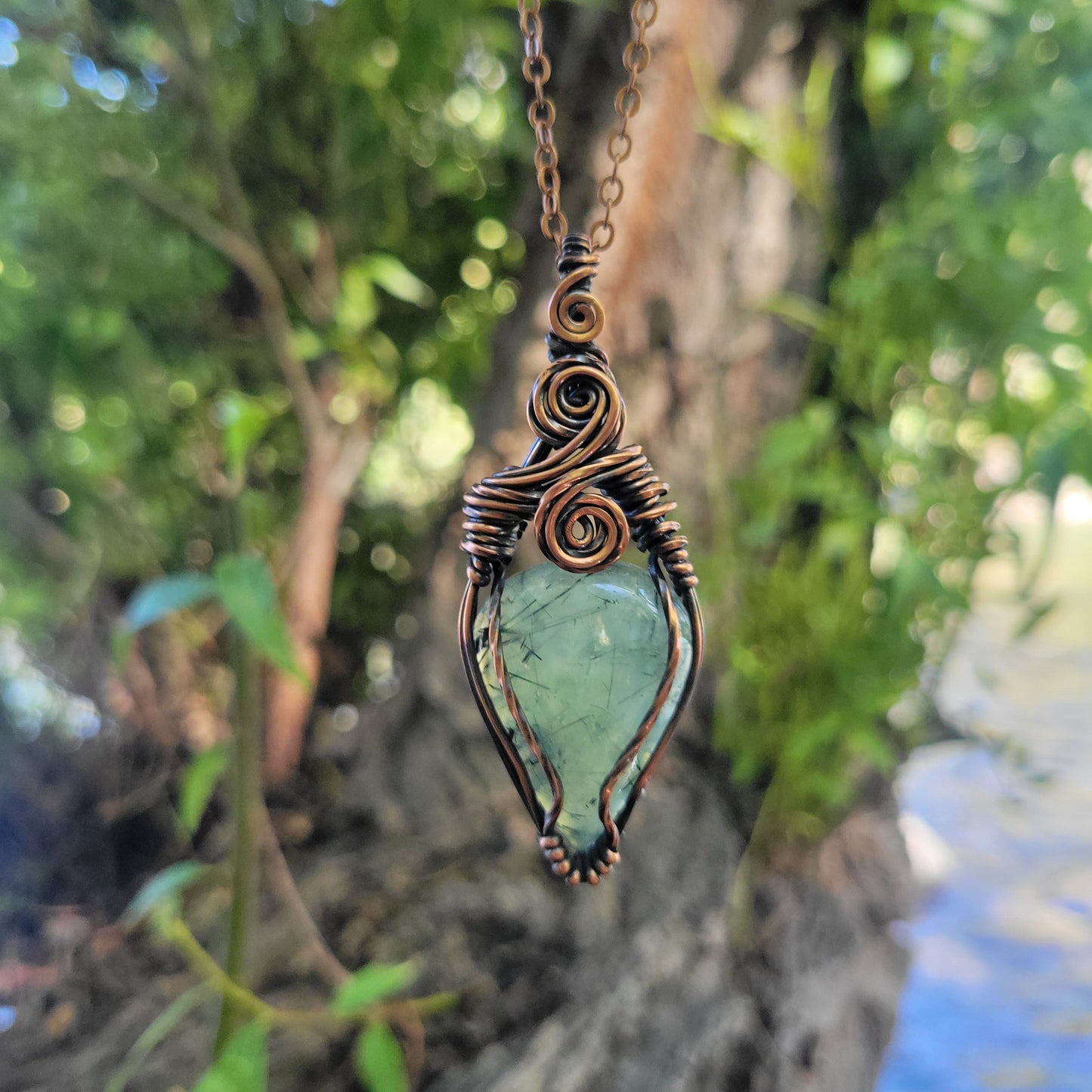 Handcrafted Prehnite Copper Pendant Necklace — side view