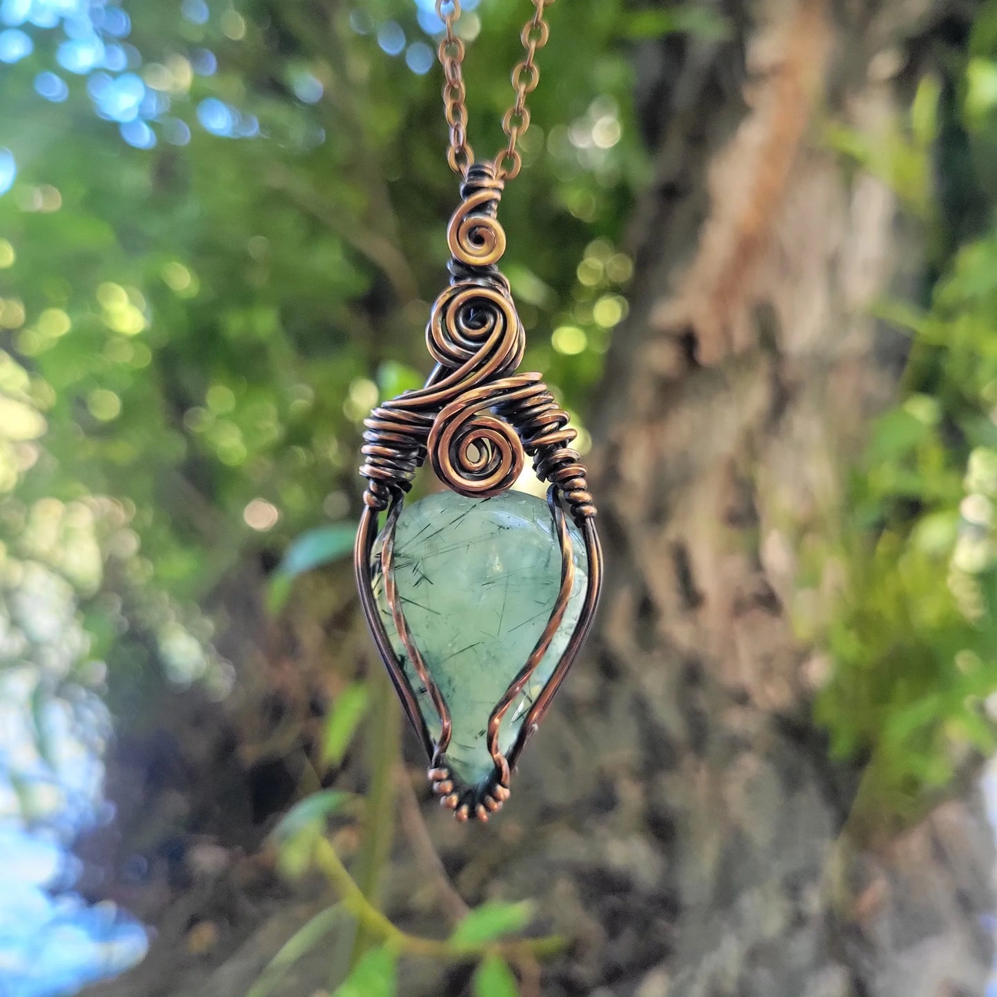 Handcrafted Prehnite Copper Pendant Necklace — close-up