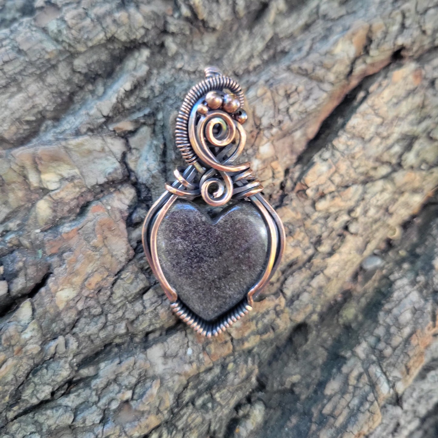 Handcrafted Silver Sheen Obsidian Copper Heart Pendant Necklace — side view