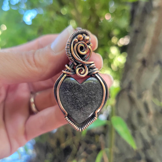 Handcrafted Silver Sheen Obsidian Copper Heart Pendant Necklace — front view