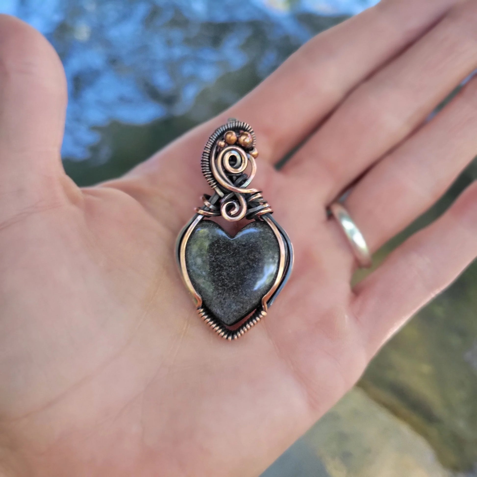 Handcrafted Silver Sheen Obsidian Copper Heart Pendant Necklace — reverse view