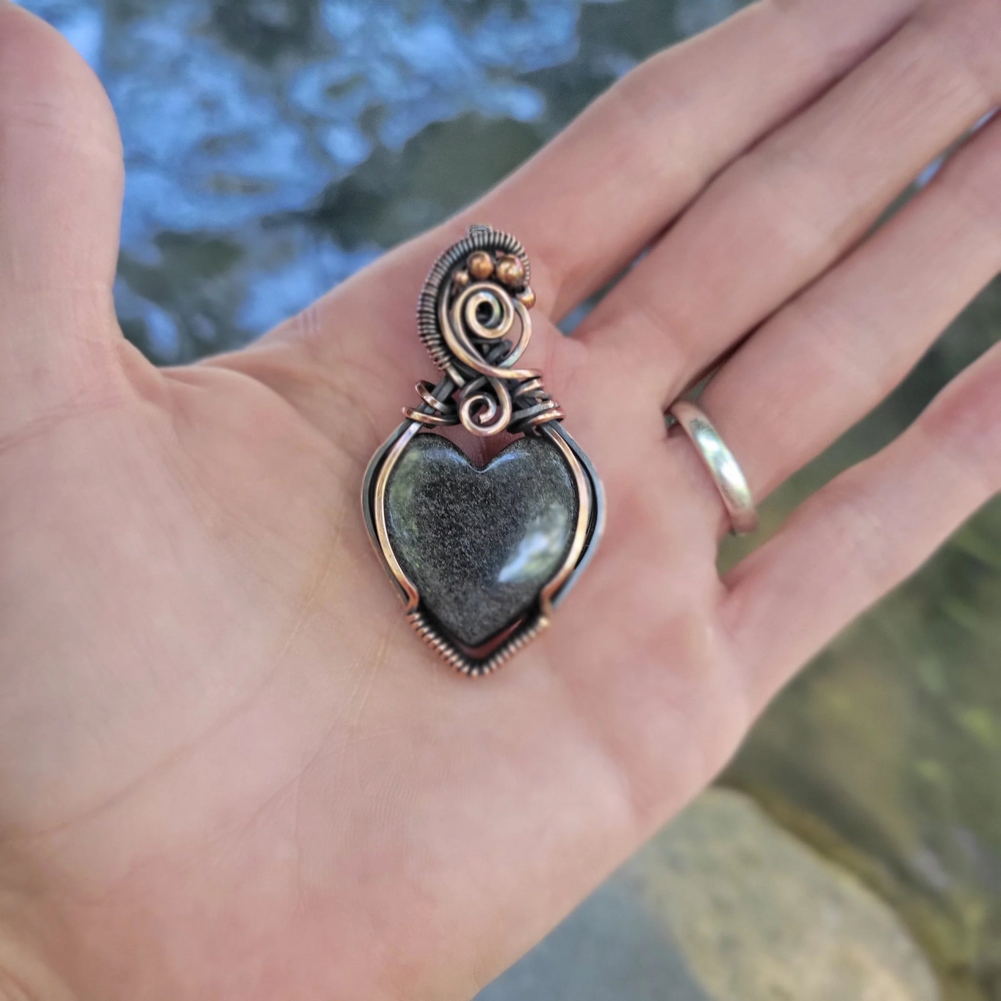 Handcrafted Silver Sheen Obsidian Copper Heart Pendant Necklace — detail view