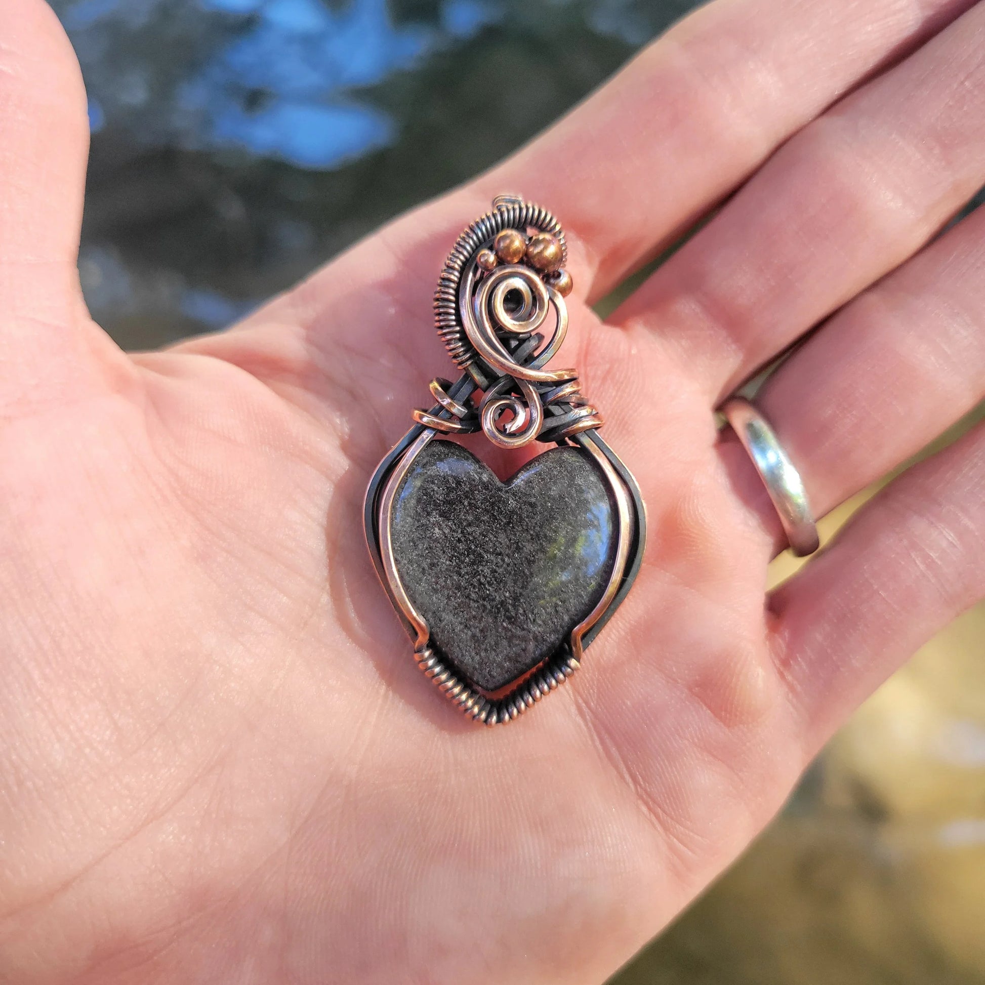 Handcrafted Silver Sheen Obsidian Copper Heart Pendant Necklace — product image 6